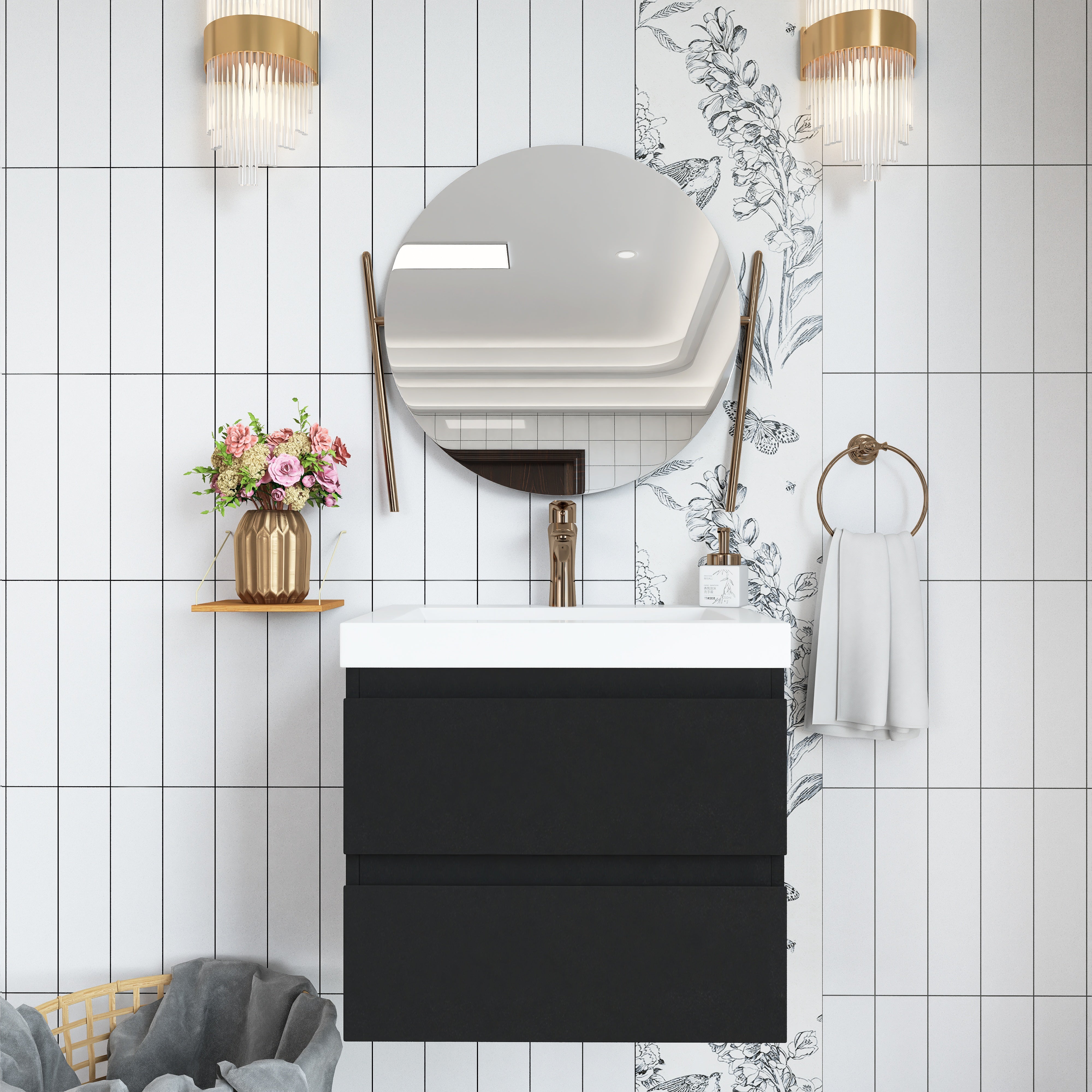 Wall Mounted Bathroom Vanity in Black with Cultured Marble Sink