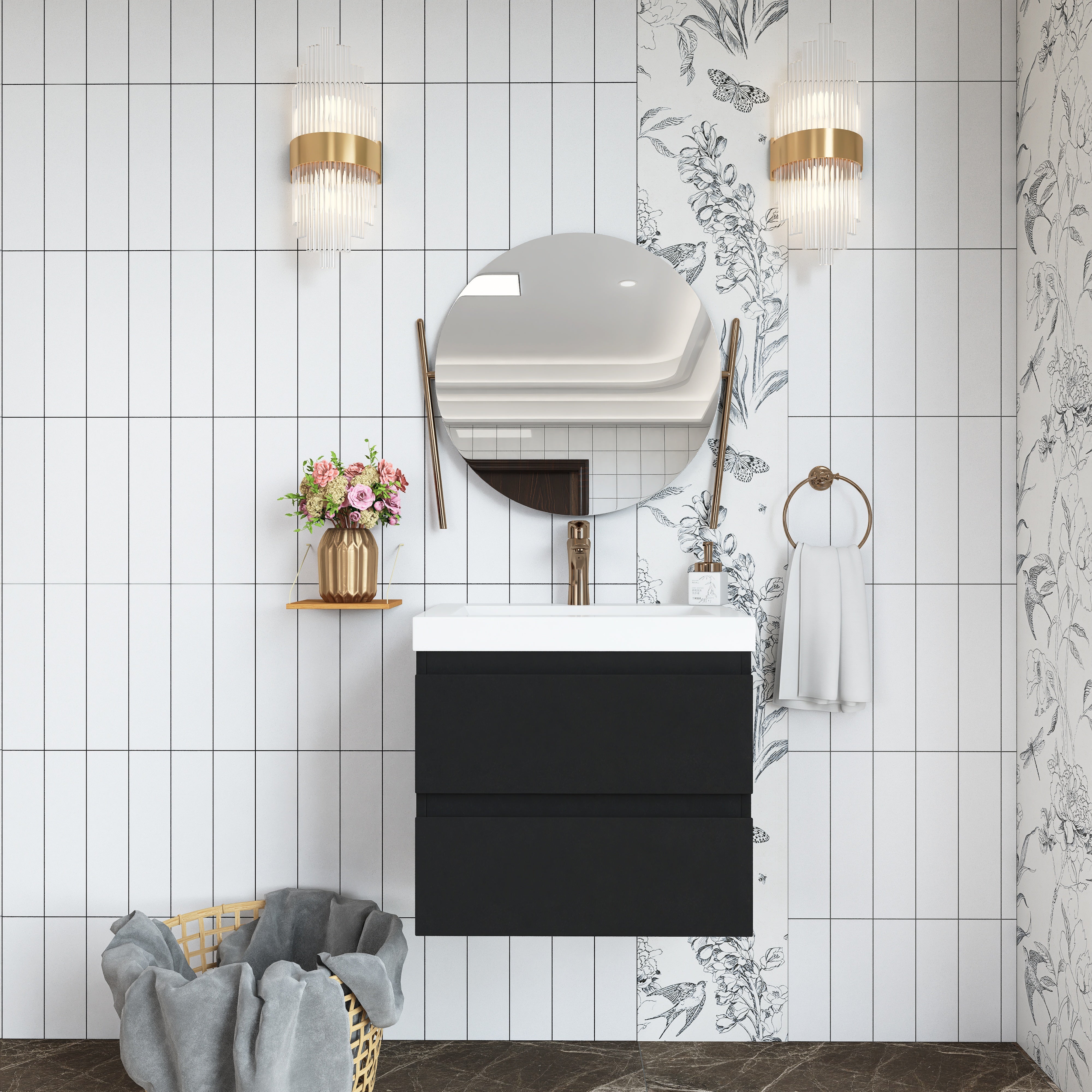 Wall Mounted Bathroom Vanity in Black with Cultured Marble Sink