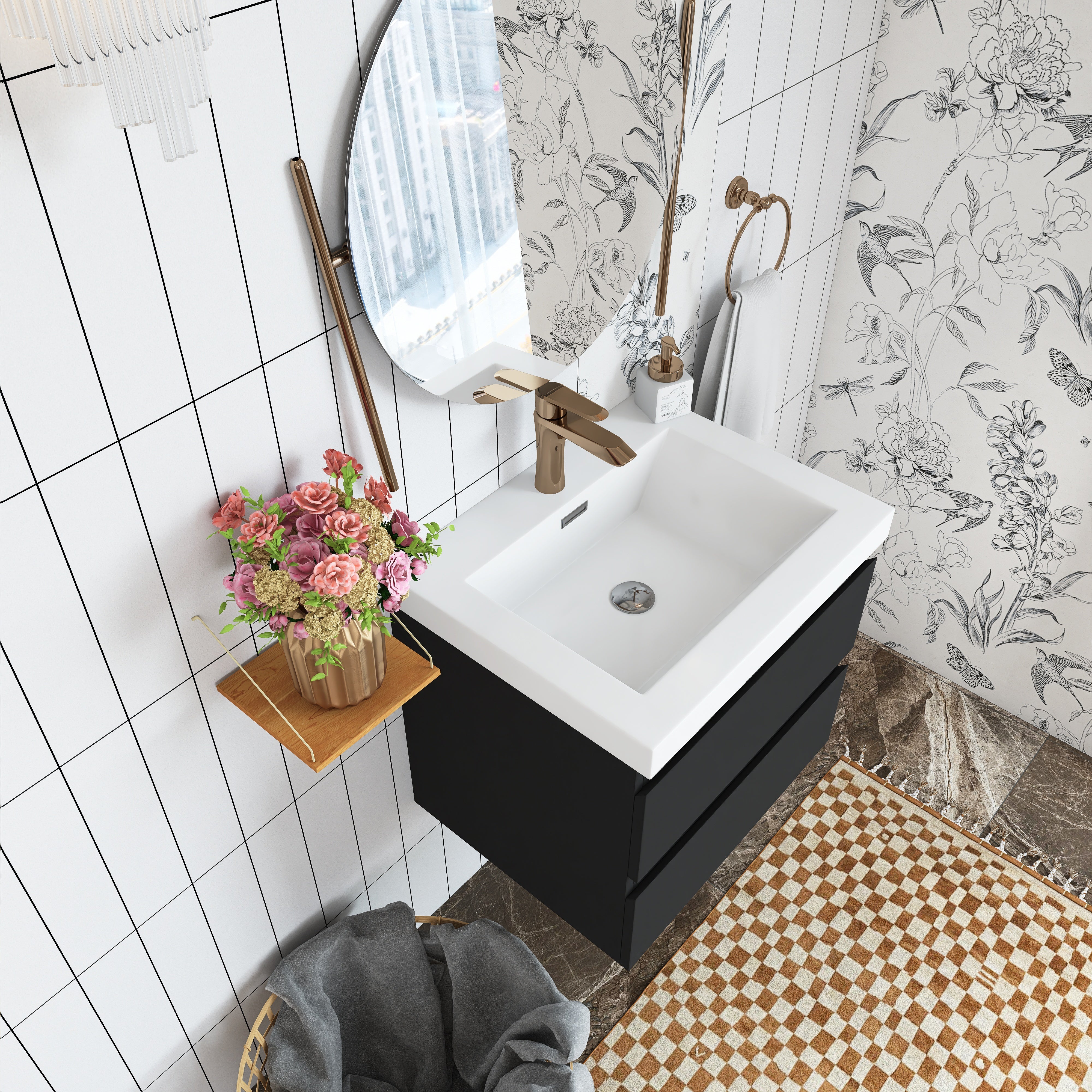 Wall Mounted Bathroom Vanity in Black with Cultured Marble Sink