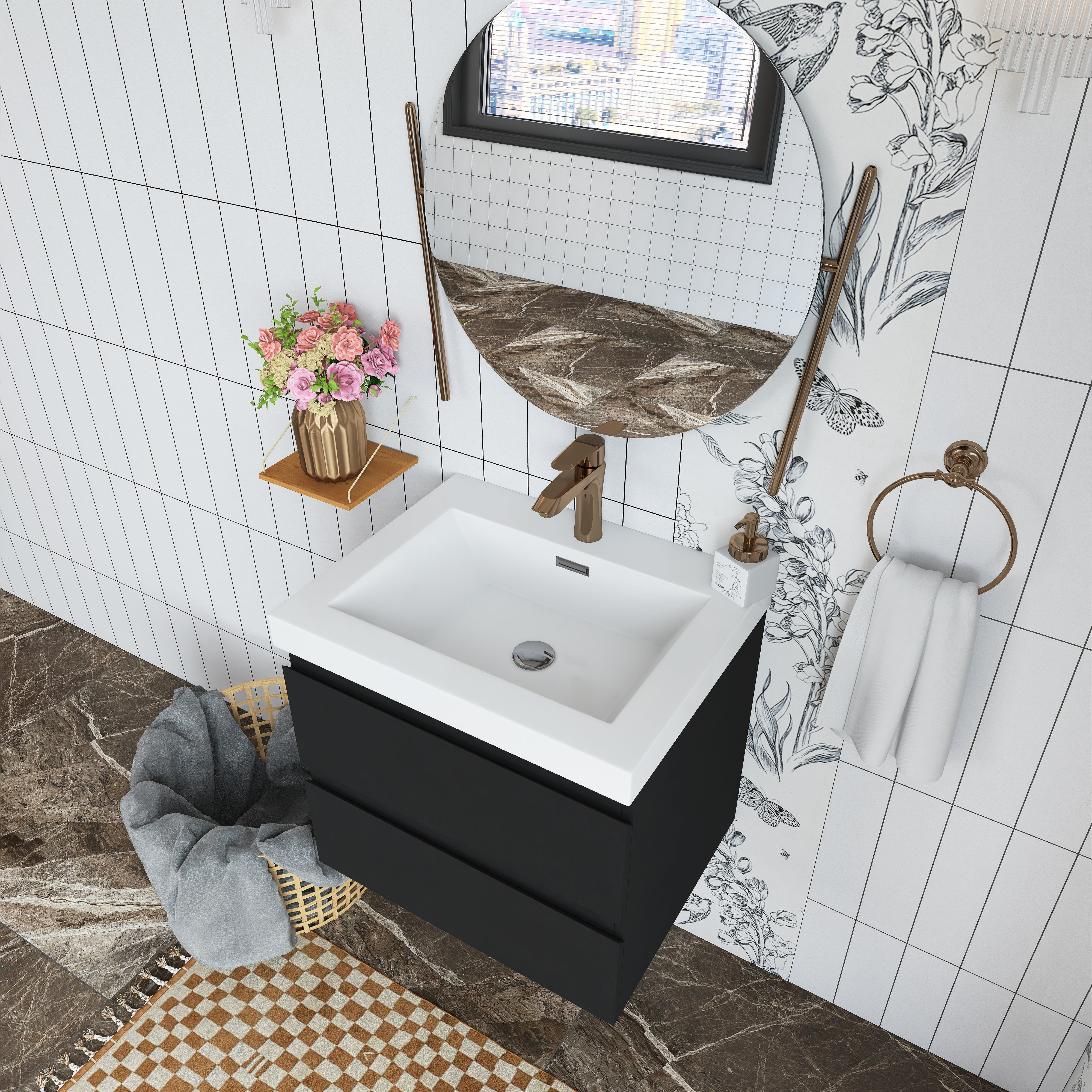 Wall Mounted Bathroom Vanity in Black with Cultured Marble Sink