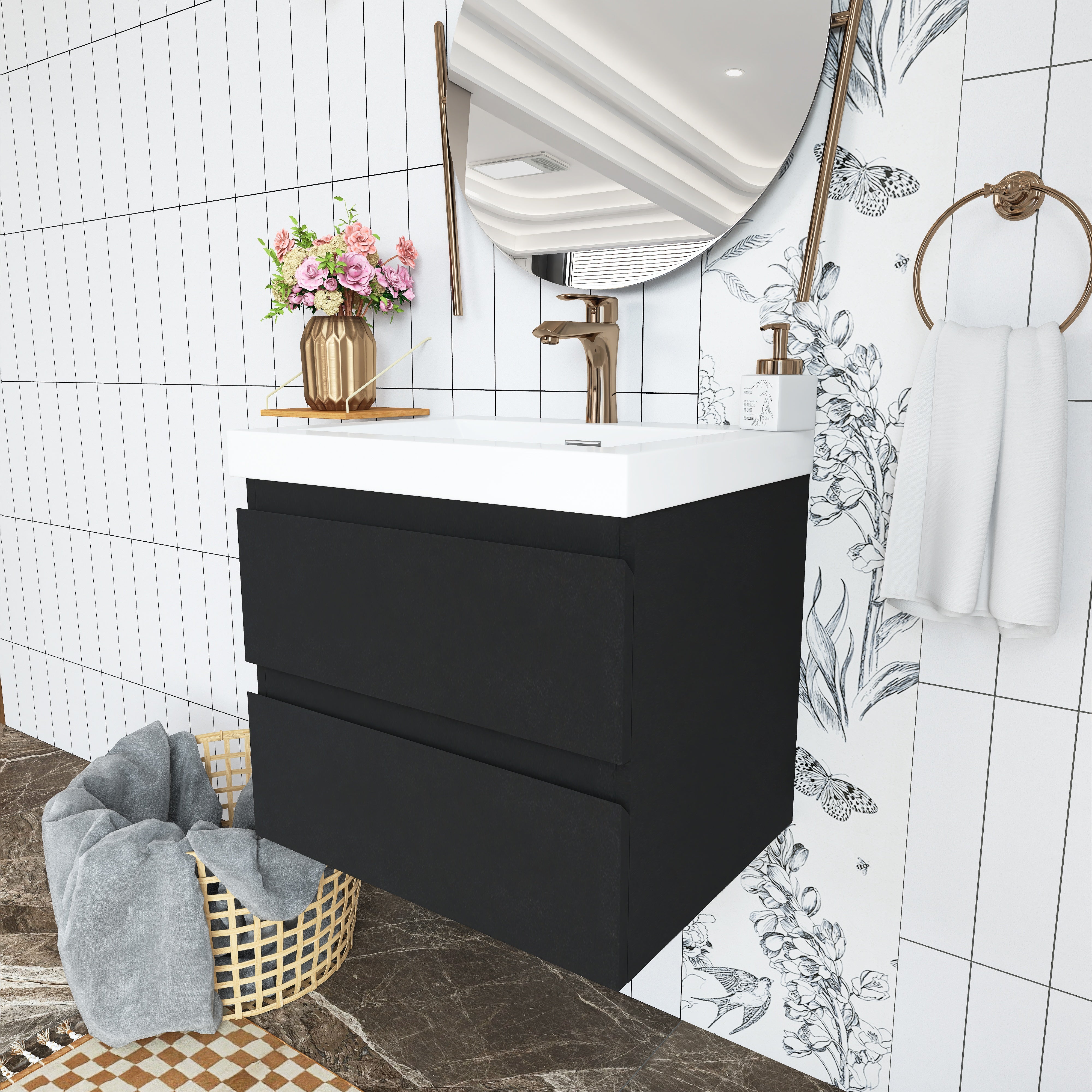 Wall Mounted Bathroom Vanity in Black with Cultured Marble Sink