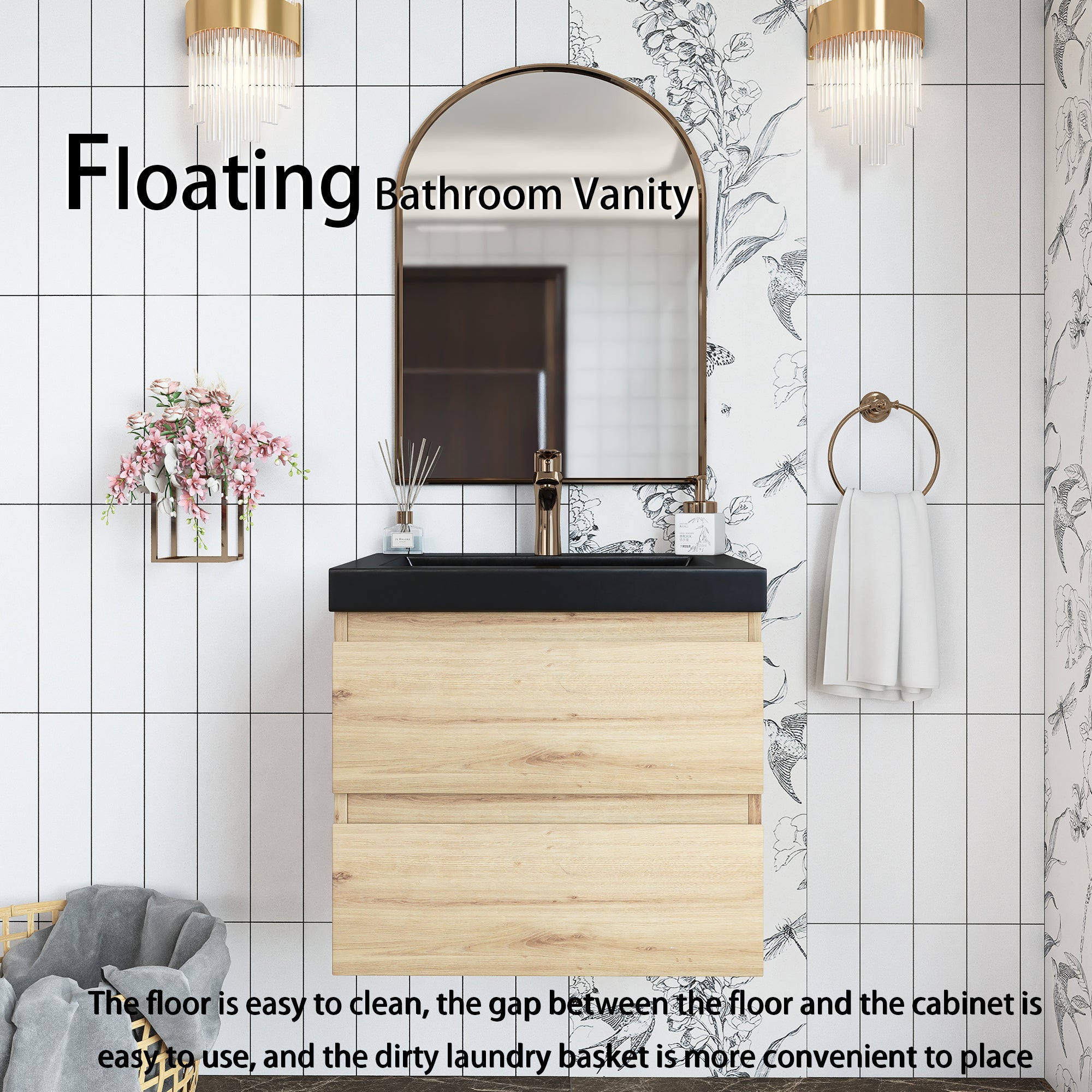 Wall Mounted Bathroom Vanity in F. Oak with soft- closing drawers with Black Cultured Marble Top