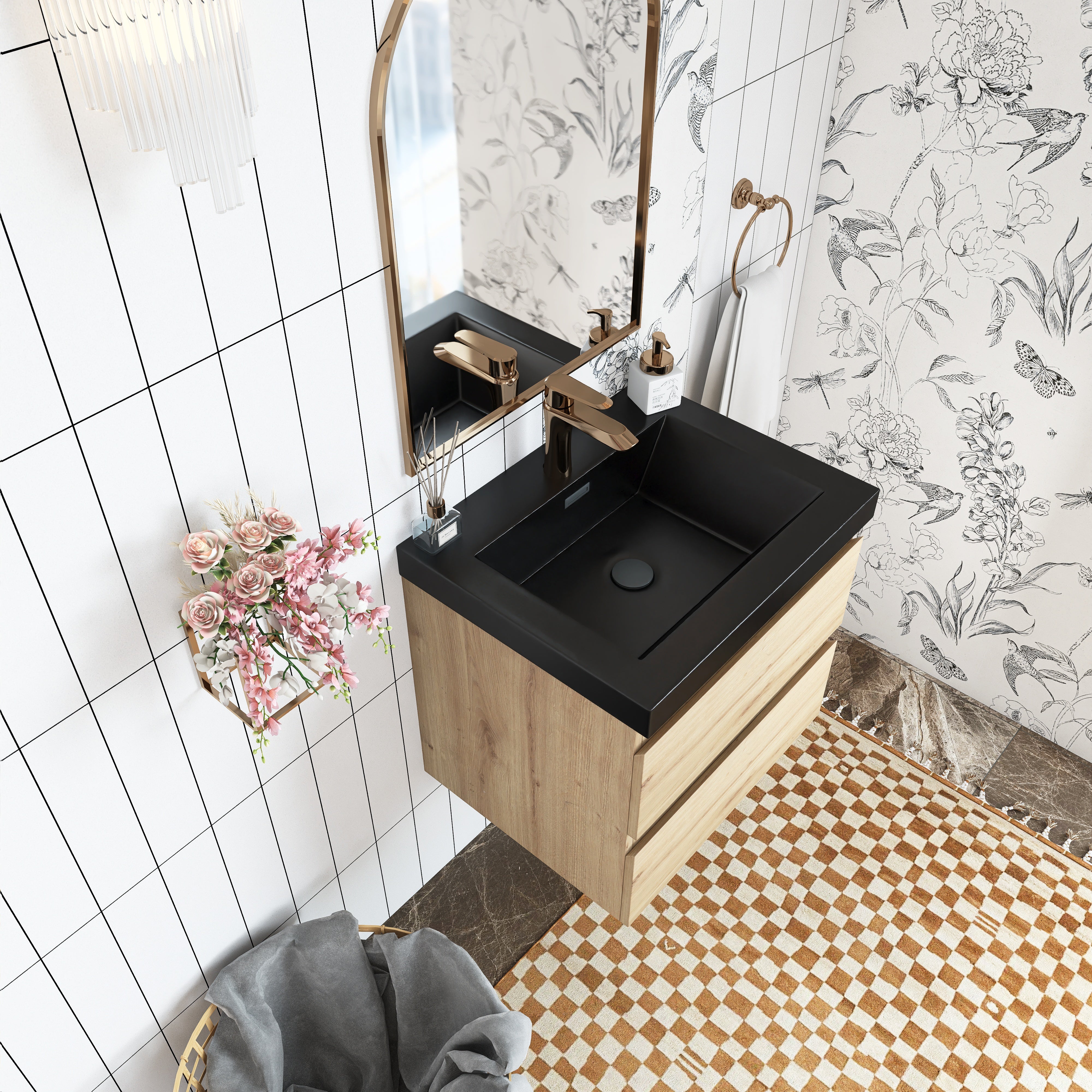 Wall Mounted Bathroom Vanity in F. Oak with soft- closing drawers with Black Cultured Marble Top