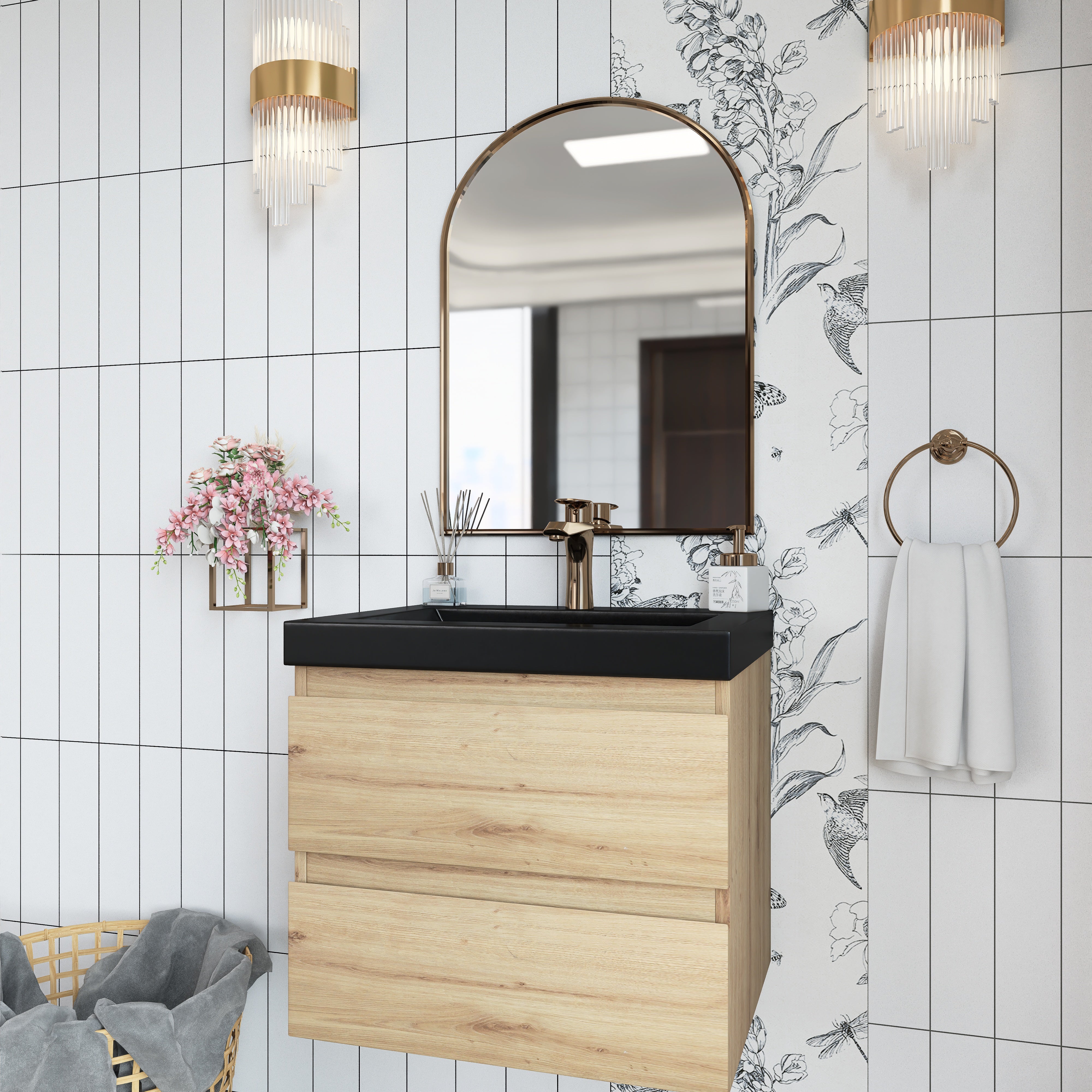 Wall Mounted Bathroom Vanity in F. Oak with soft- closing drawers with Black Cultured Marble Top