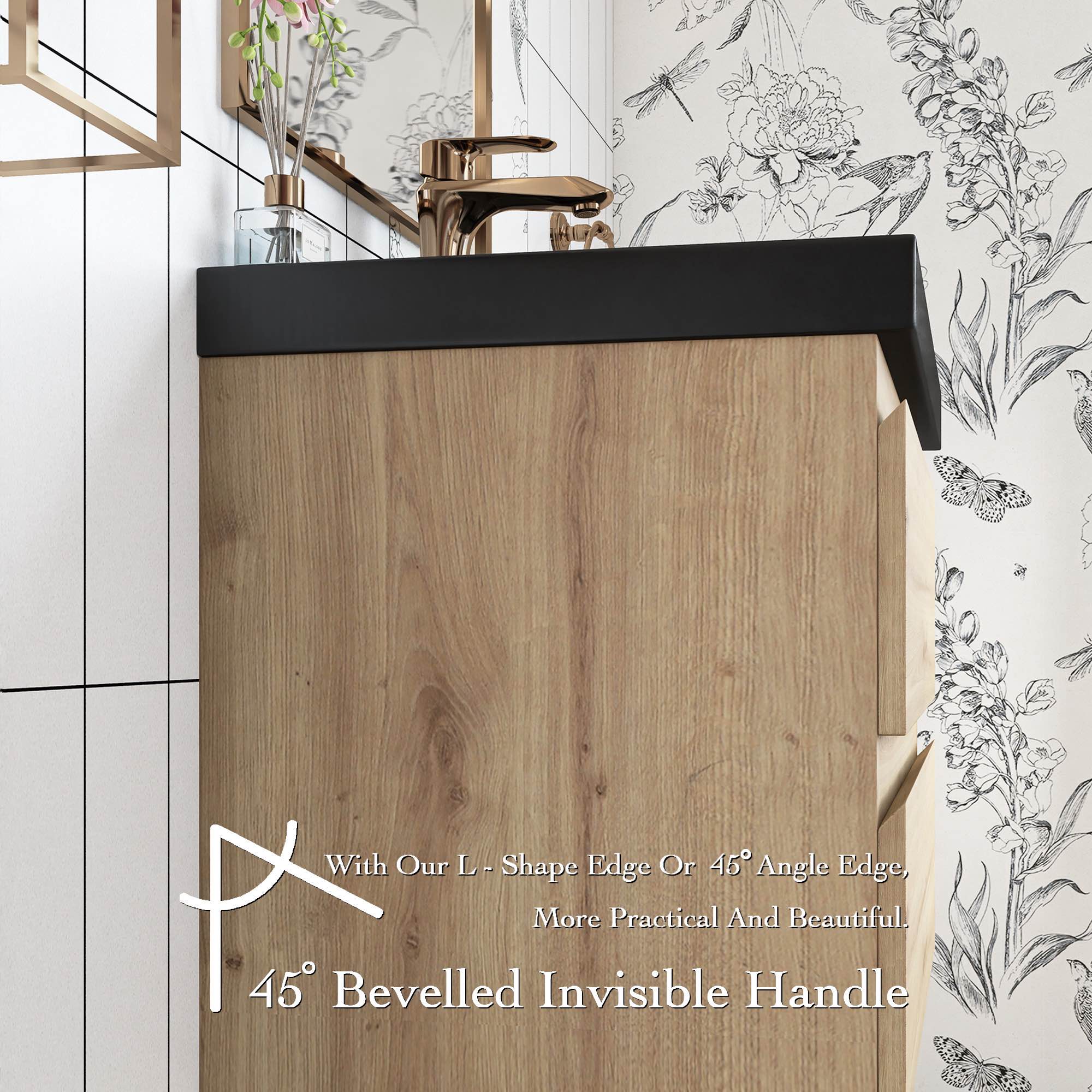 Wall Mounted Bathroom Vanity in F. Oak with soft- closing drawers with Black Cultured Marble Top