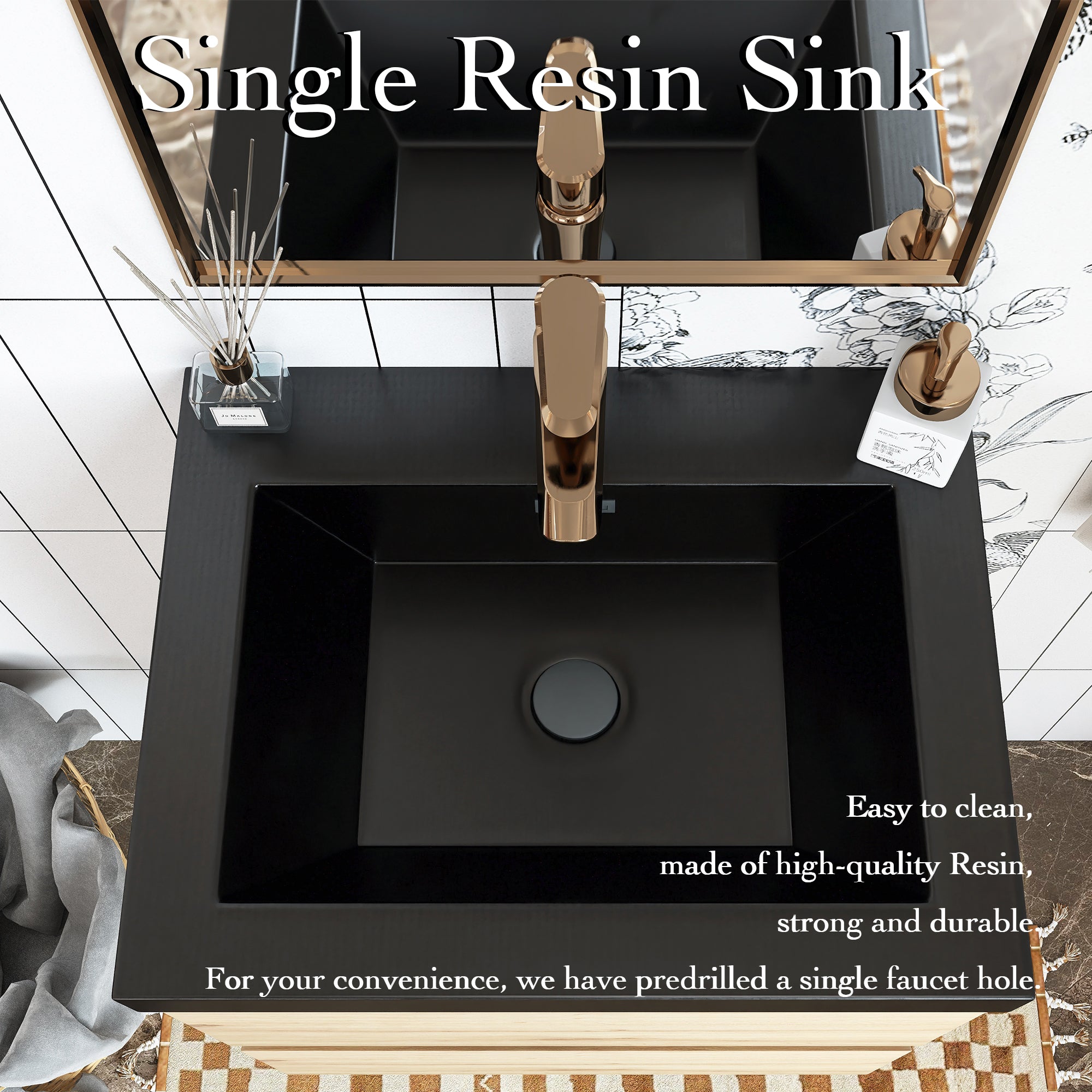 Wall Mounted Bathroom Vanity in F. Oak with soft- closing drawers with Black Cultured Marble Top