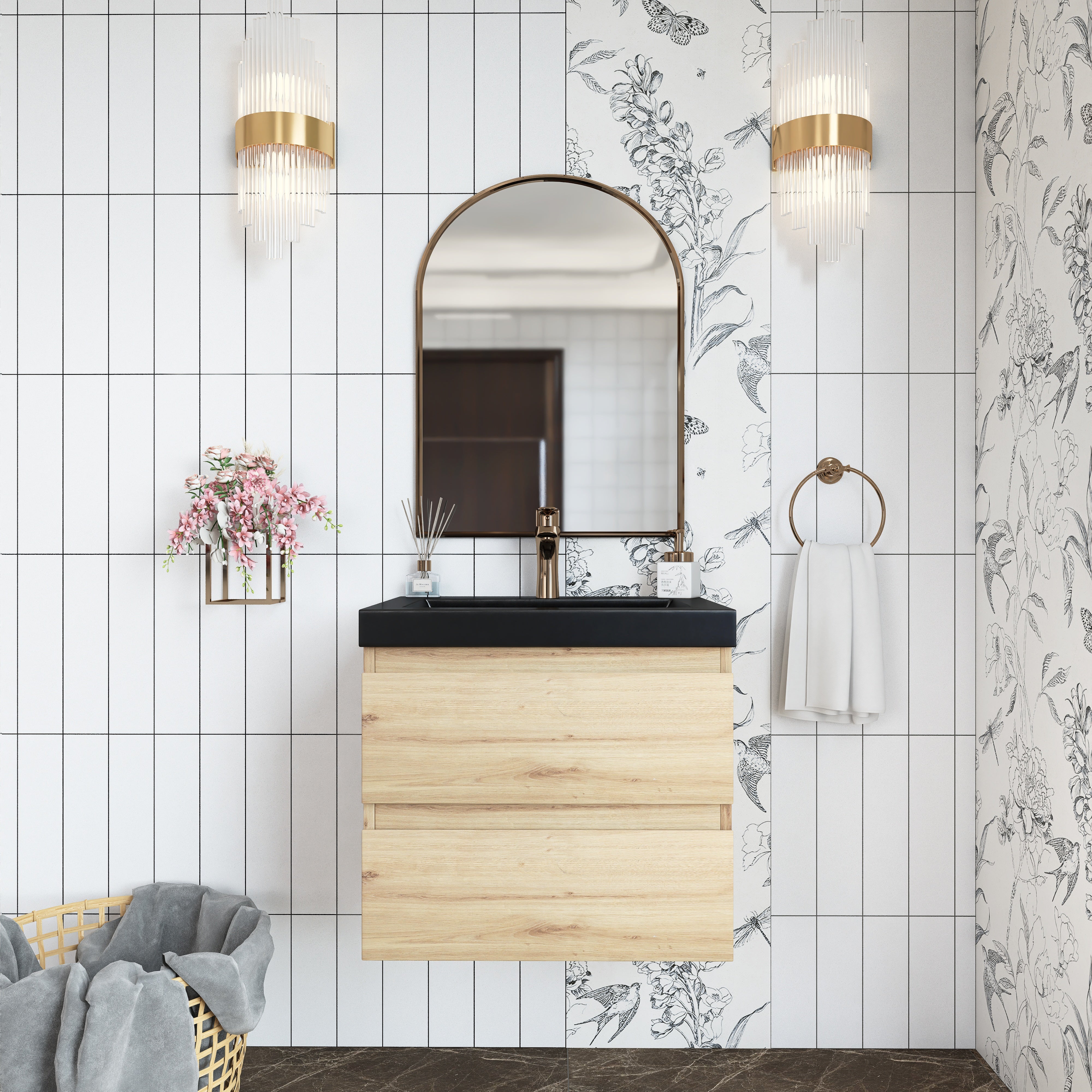 Wall Mounted Bathroom Vanity in F. Oak with soft- closing drawers with Black Cultured Marble Top