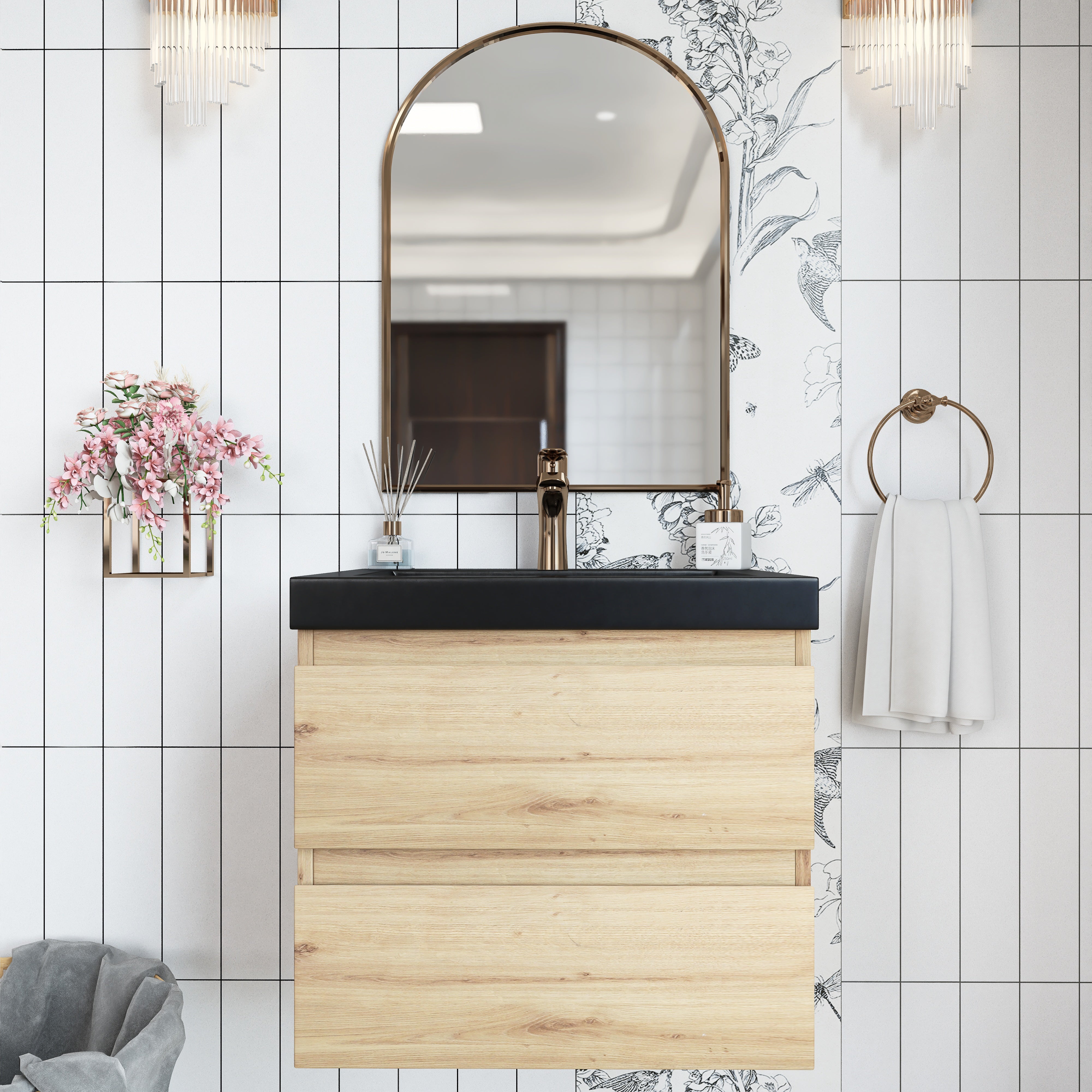 Wall Mounted Bathroom Vanity in F. Oak with soft- closing drawers with Black Cultured Marble Top