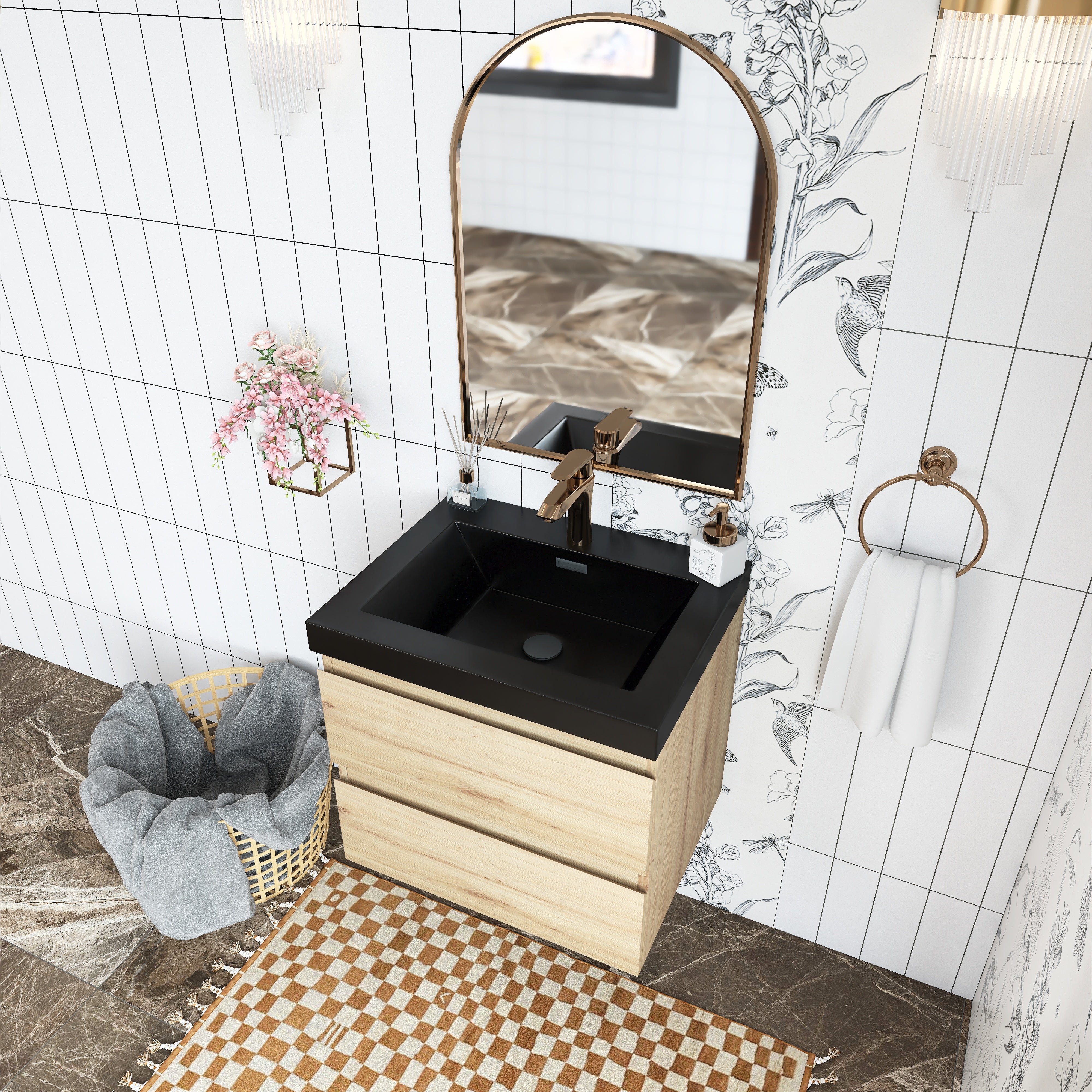 Wall Mounted Bathroom Vanity in F. Oak with soft- closing drawers with Black Cultured Marble Top