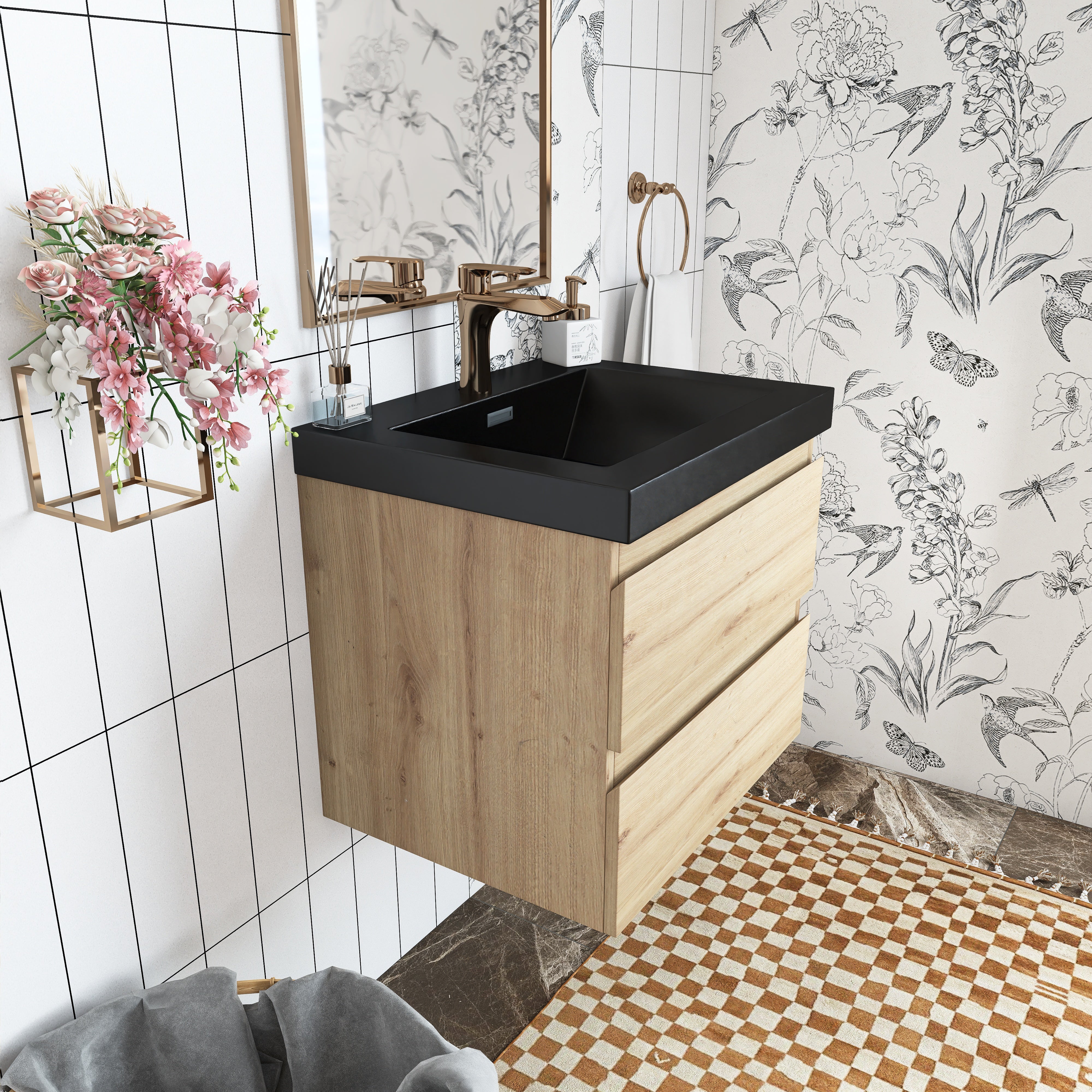 Wall Mounted Bathroom Vanity in F. Oak with soft- closing drawers with Black Cultured Marble Top
