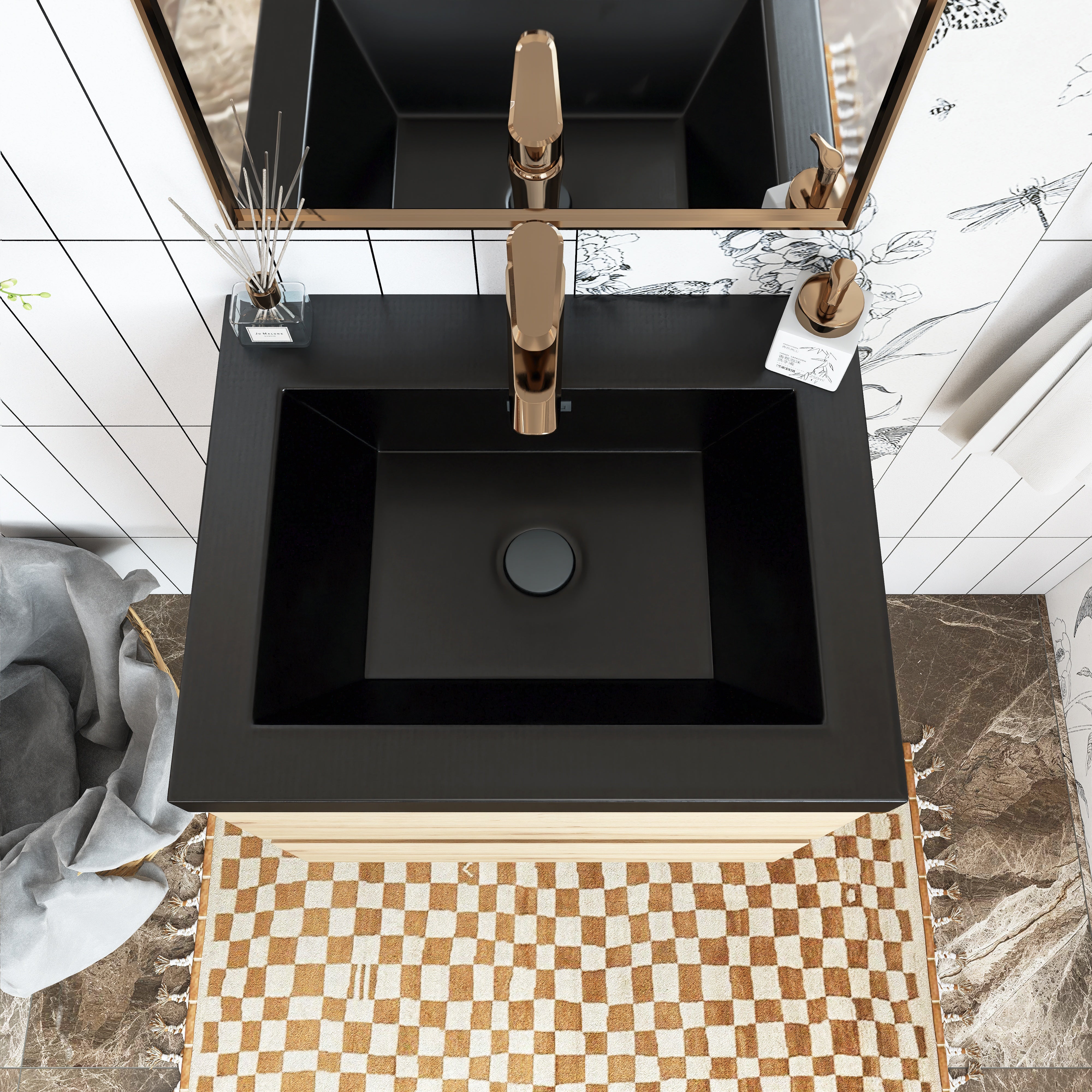 Wall Mounted Bathroom Vanity in F. Oak with soft- closing drawers with Black Cultured Marble Top