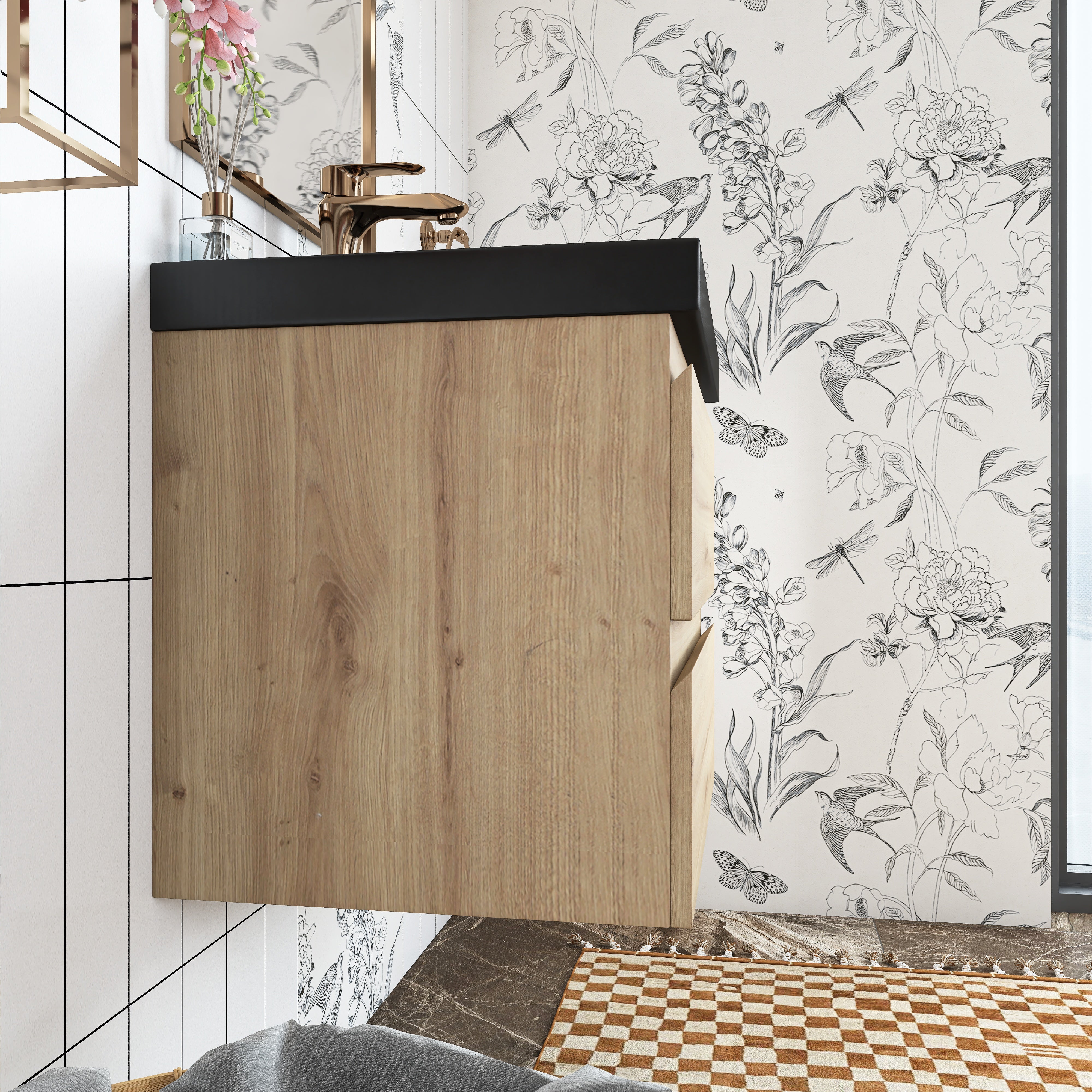 Wall Mounted Bathroom Vanity in F. Oak with soft- closing drawers with Black Cultured Marble Top