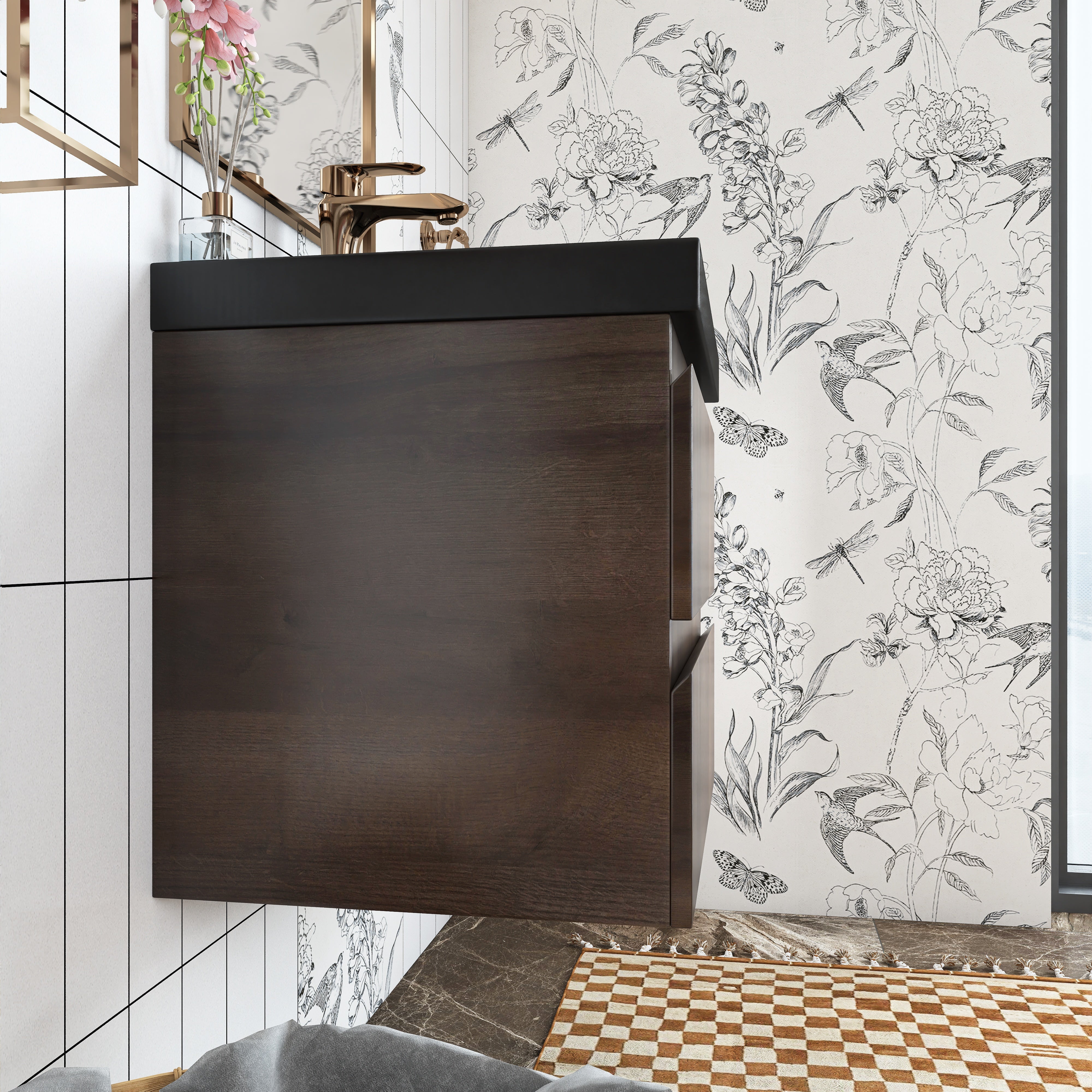 Wall Mounted Bathroom Vanity Set in Grey Oak with Integrated Black Resin Sink with Drain