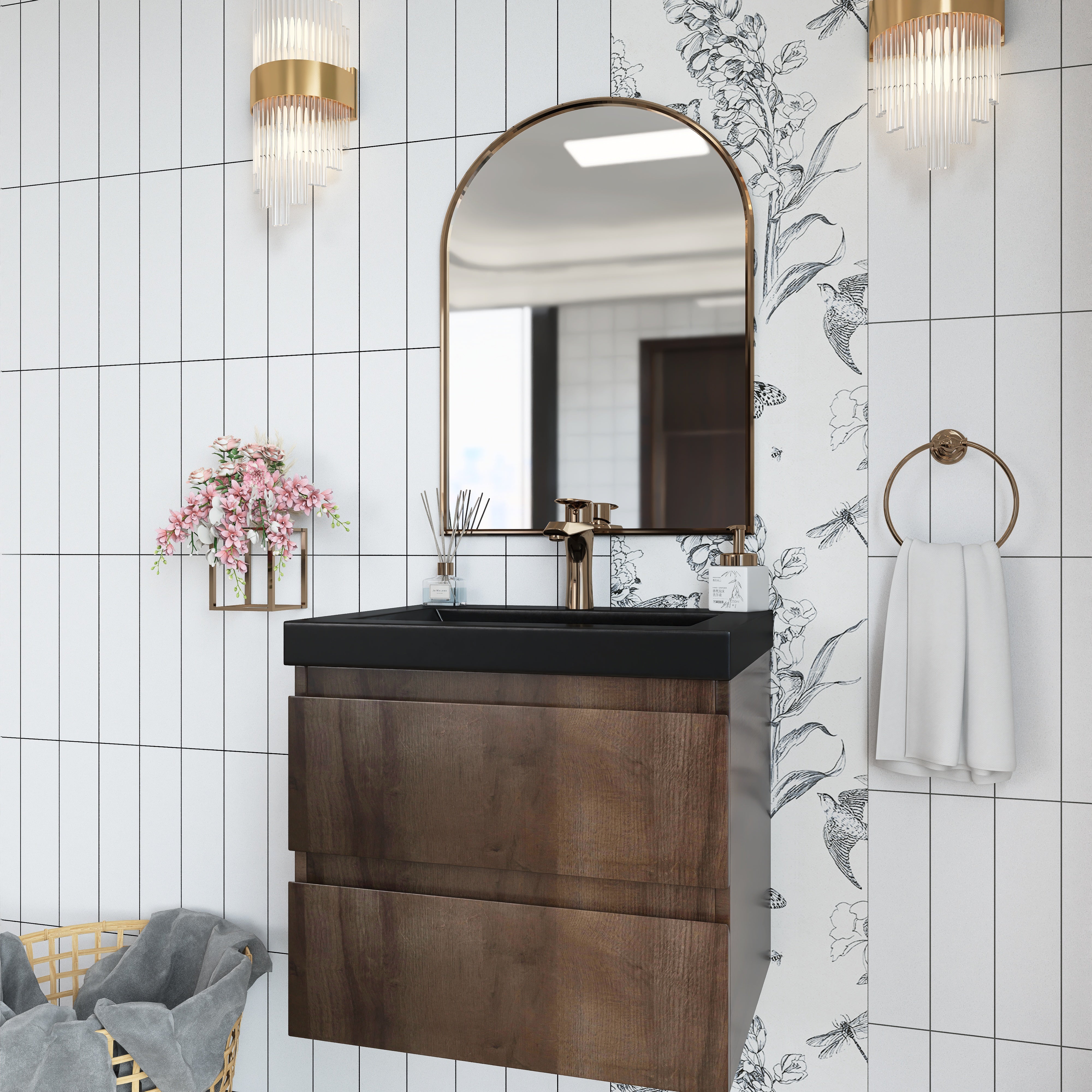 Wall Mounted Bathroom Vanity Set in Grey Oak with Integrated Black Resin Sink with Drain