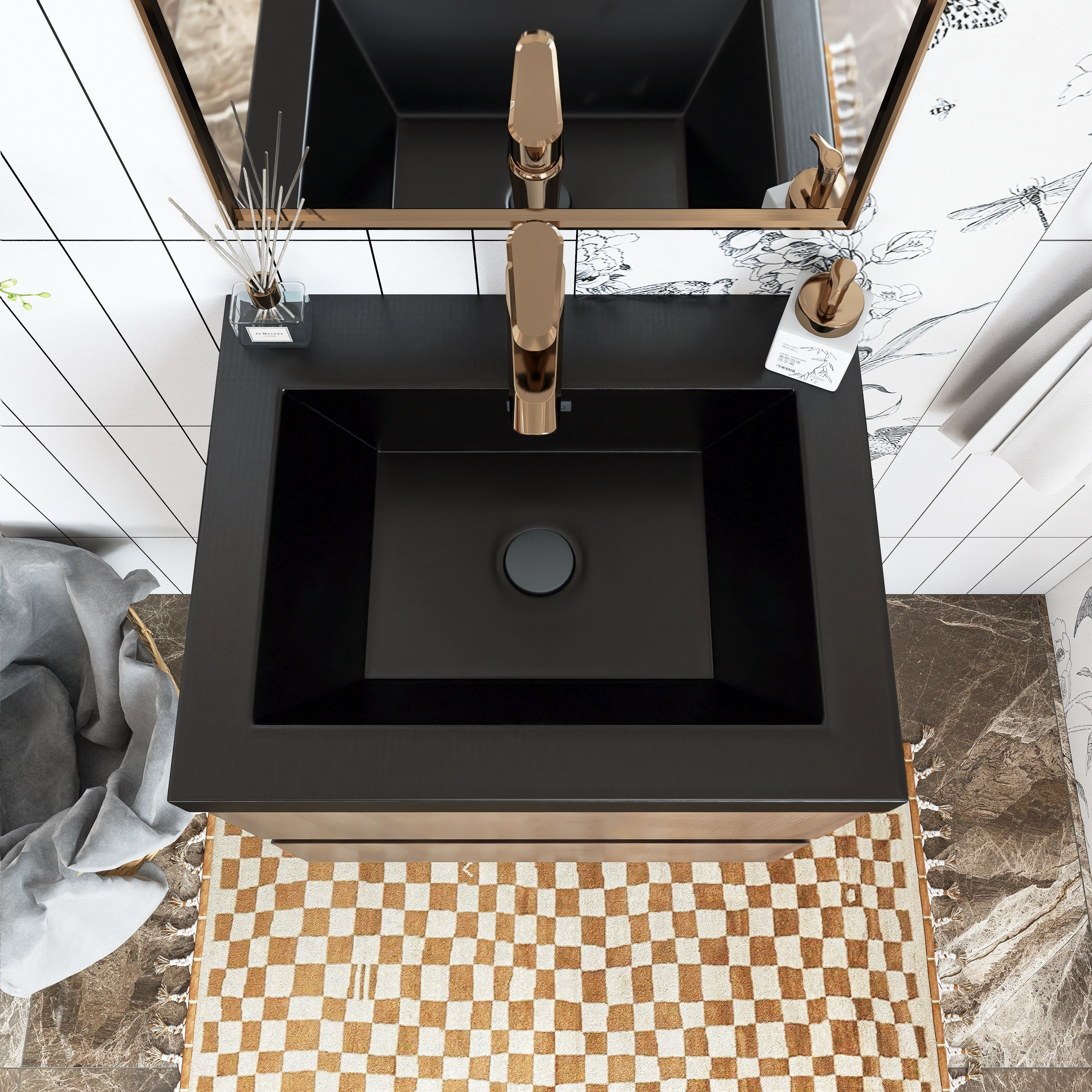 Wall Mounted Bathroom Vanity Set in Grey Oak with Integrated Black Resin Sink with Drain