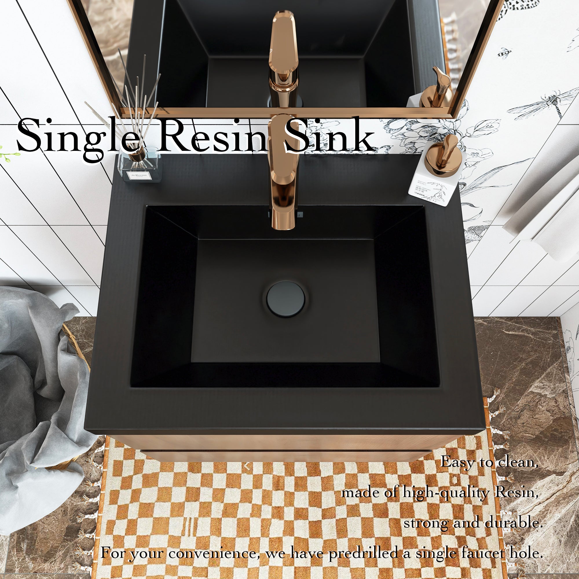 Wall Mounted Bathroom Vanity Set in Grey Oak with Integrated Black Resin Sink with Drain