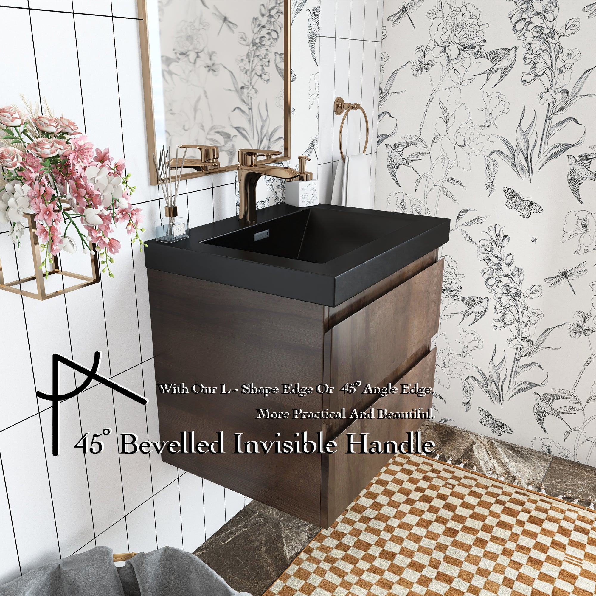 Wall Mounted Bathroom Vanity Set in Grey Oak with Integrated Black Resin Sink with Drain