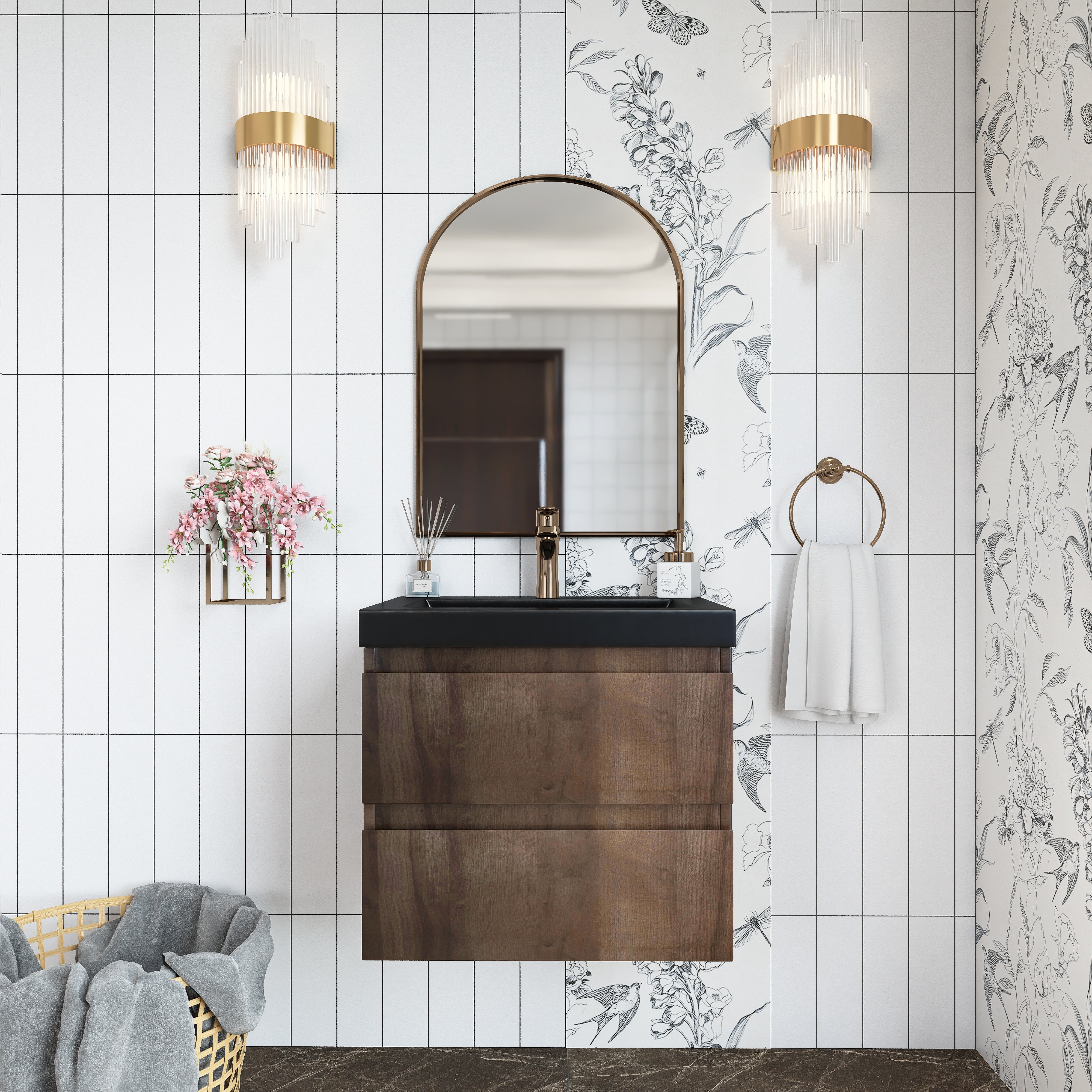 Wall Mounted Bathroom Vanity Set in Grey Oak with Integrated Black Resin Sink with Drain