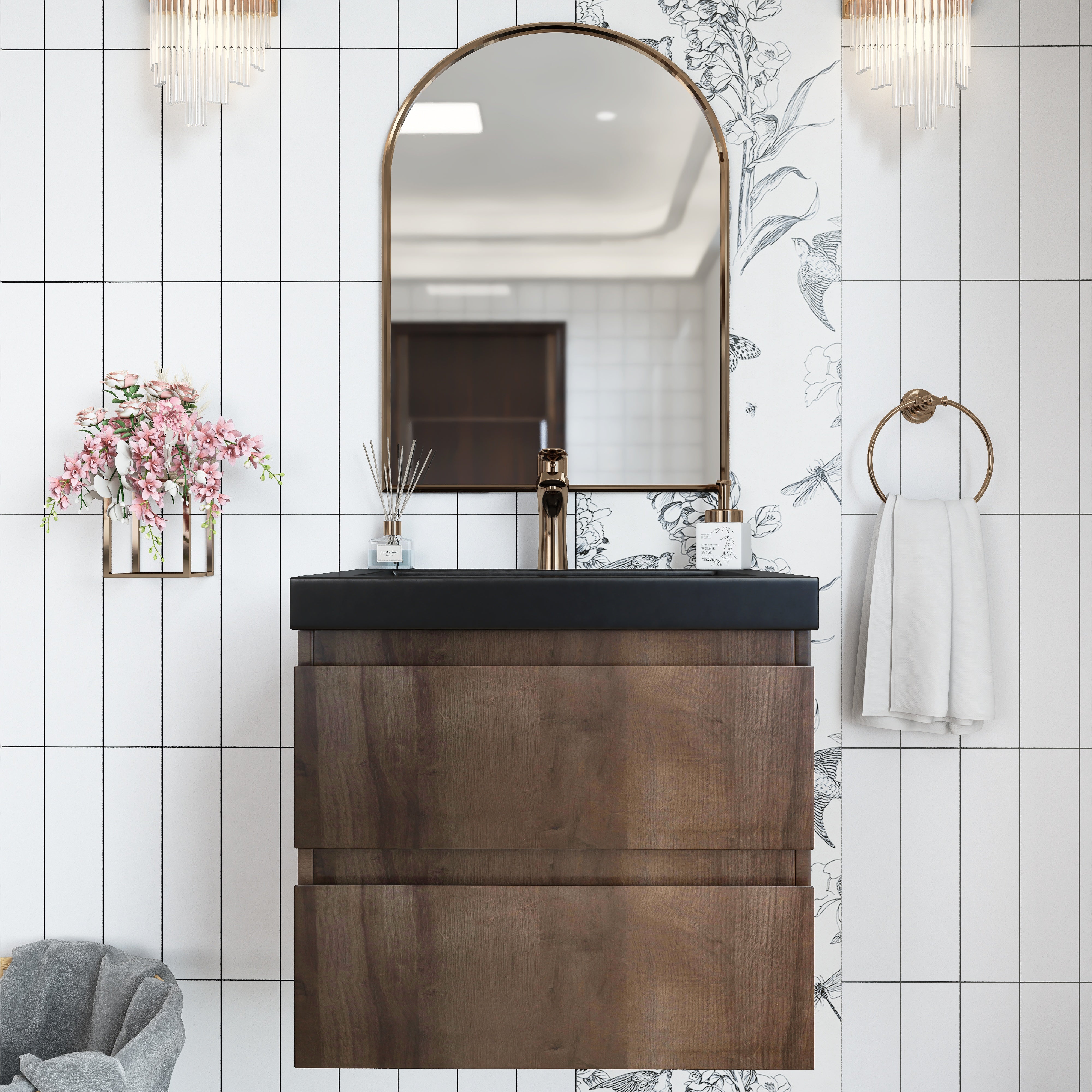 Wall Mounted Bathroom Vanity Set in Grey Oak with Integrated Black Resin Sink with Drain