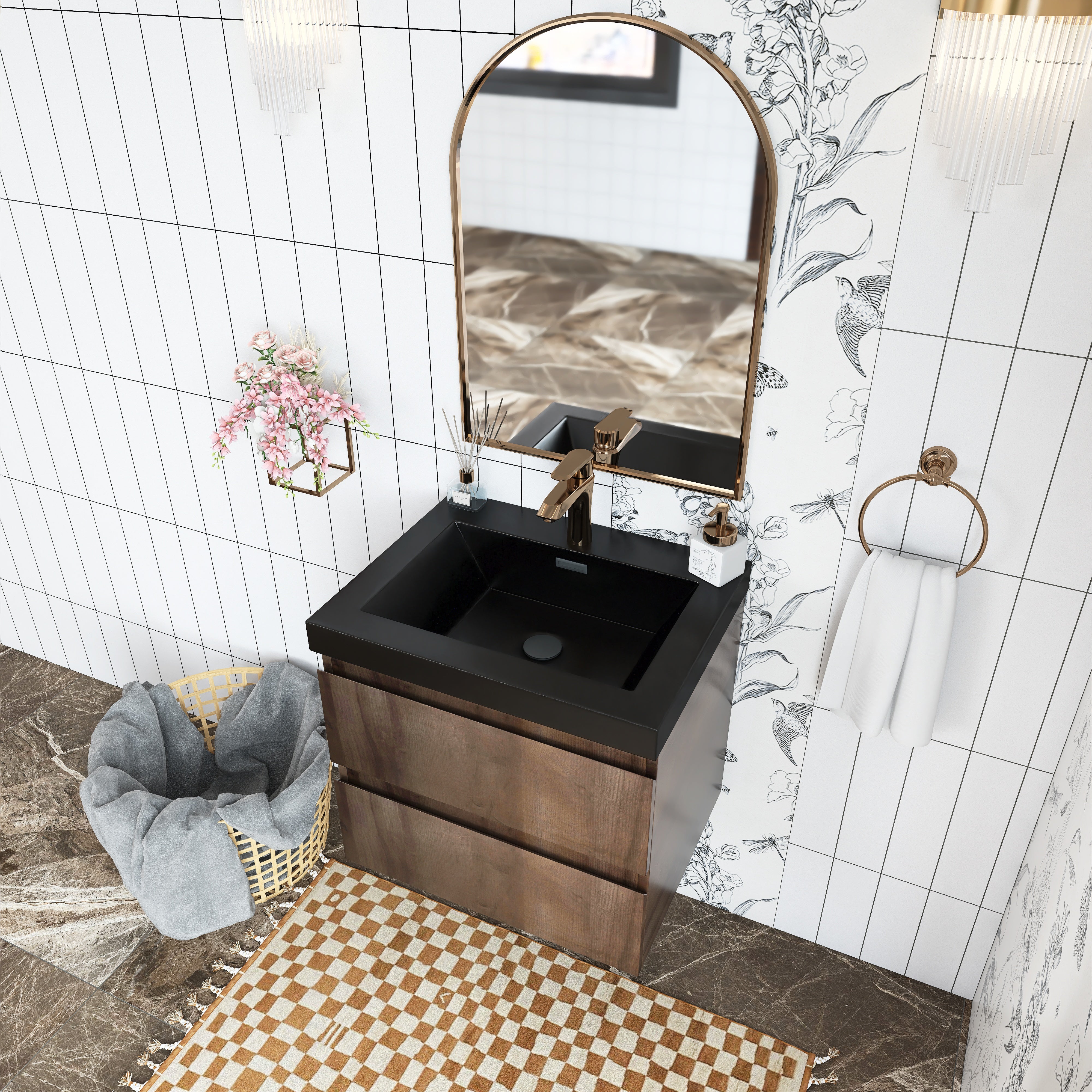 Wall Mounted Bathroom Vanity Set in Grey Oak with Integrated Black Resin Sink with Drain