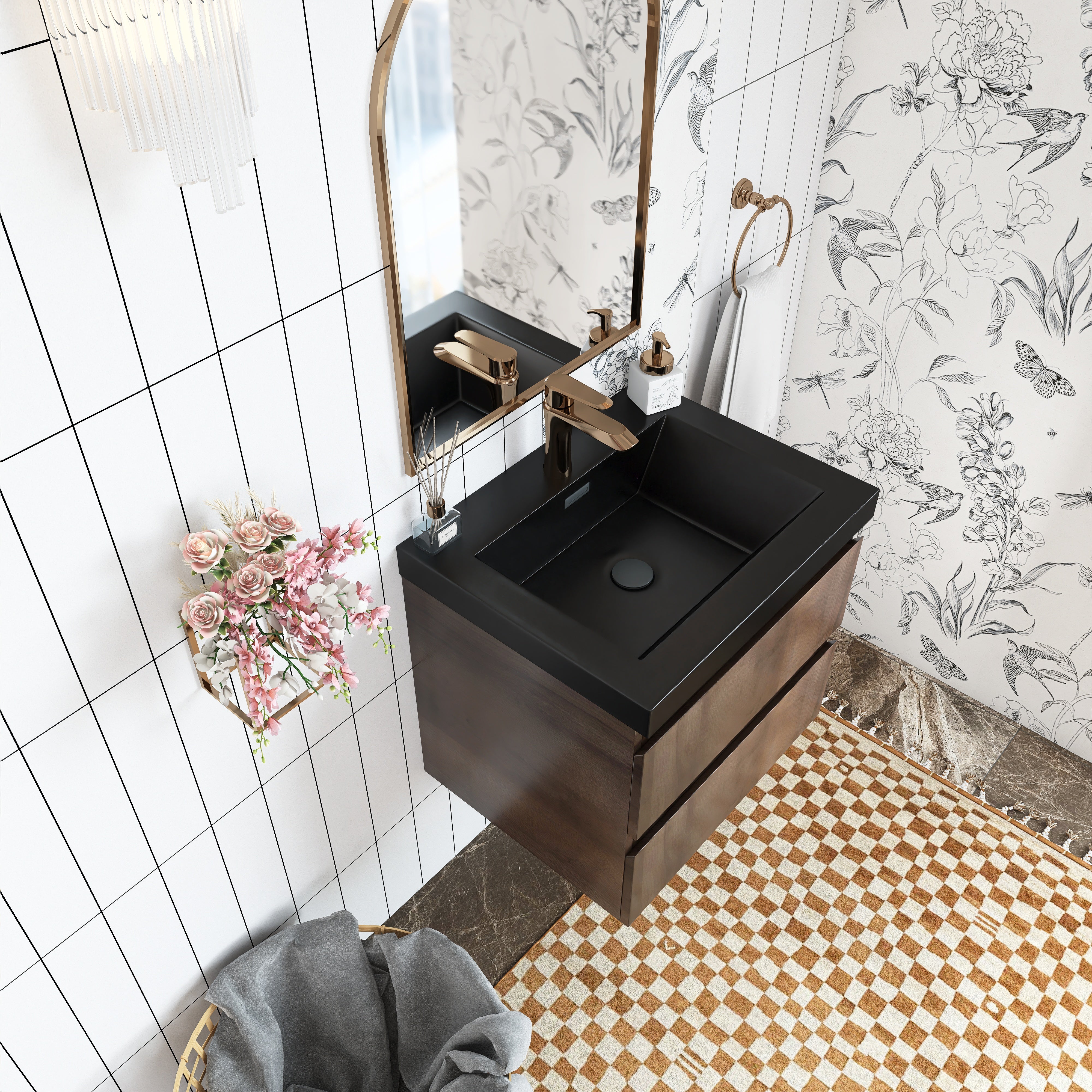 Wall Mounted Bathroom Vanity Set in Grey Oak with Integrated Black Resin Sink with Drain