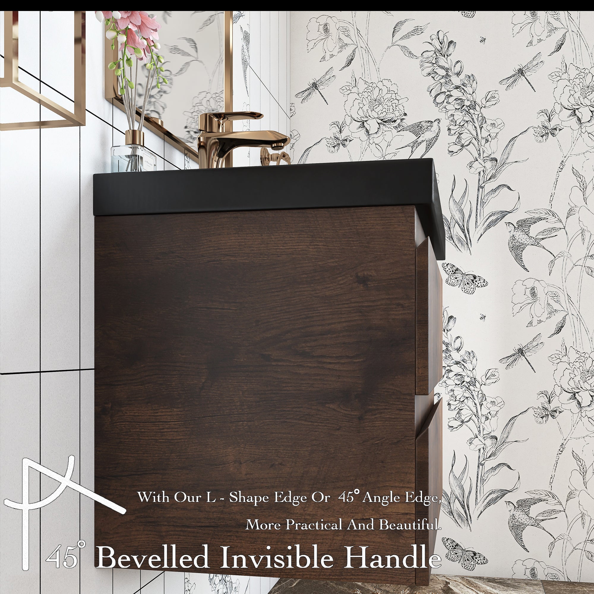 Wall Mounted Bathroom Vanity in Rose Wood with Soft-closing Drawers Black Cultured Marble Sink