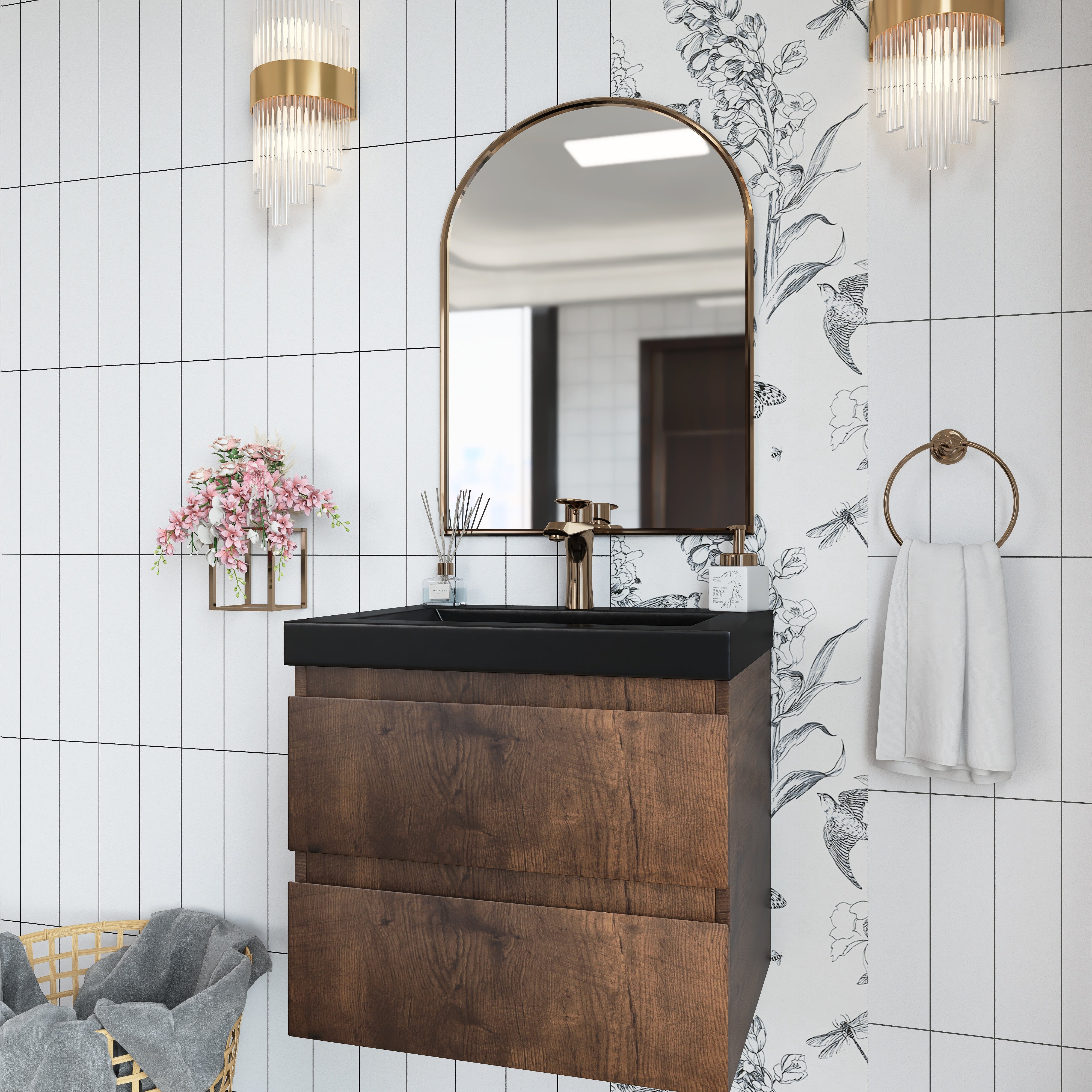 Wall Mounted Bathroom Vanity in Rose Wood with Soft-closing Drawers Black Cultured Marble Sink