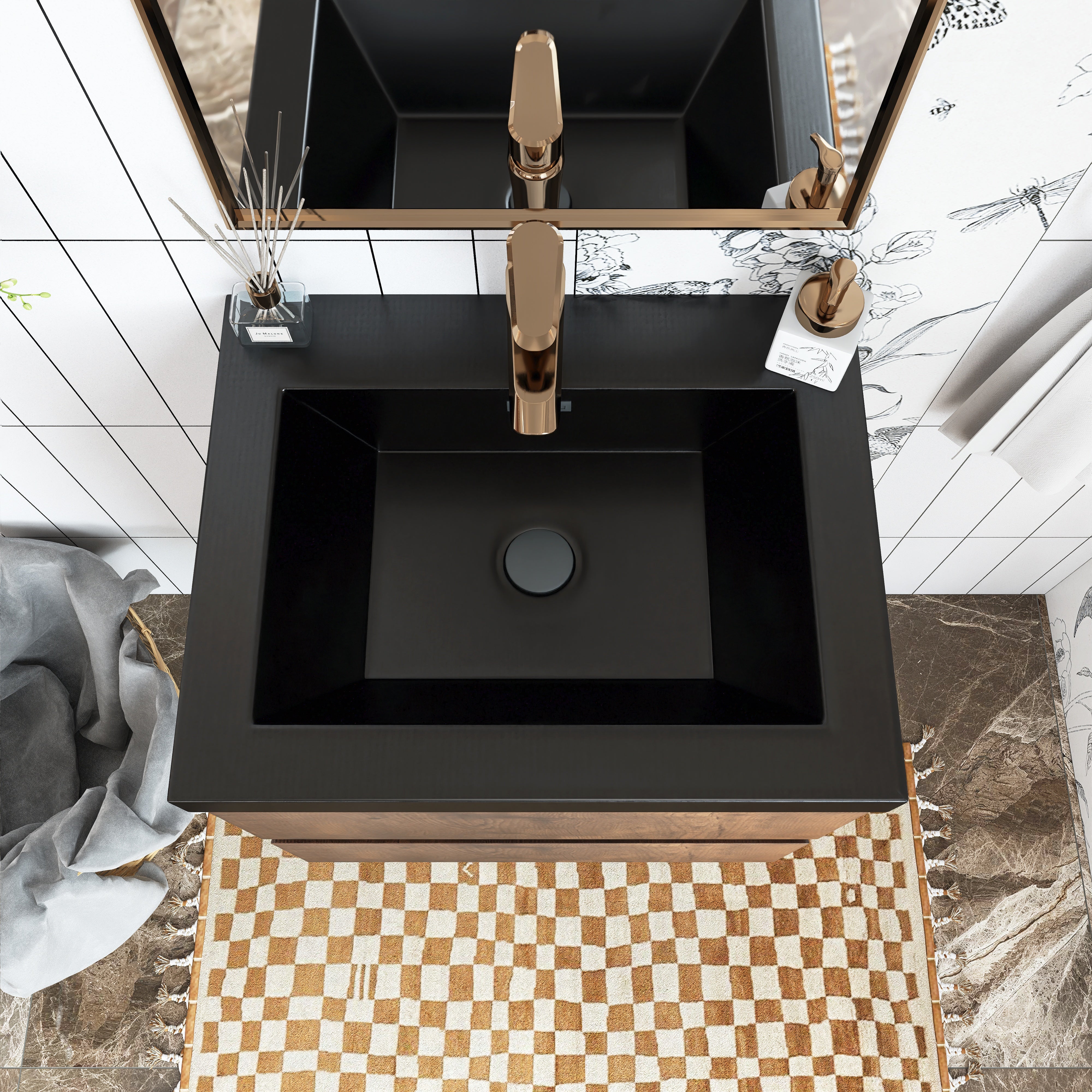 Wall Mounted Bathroom Vanity in Rose Wood with Soft-closing Drawers Black Cultured Marble Sink