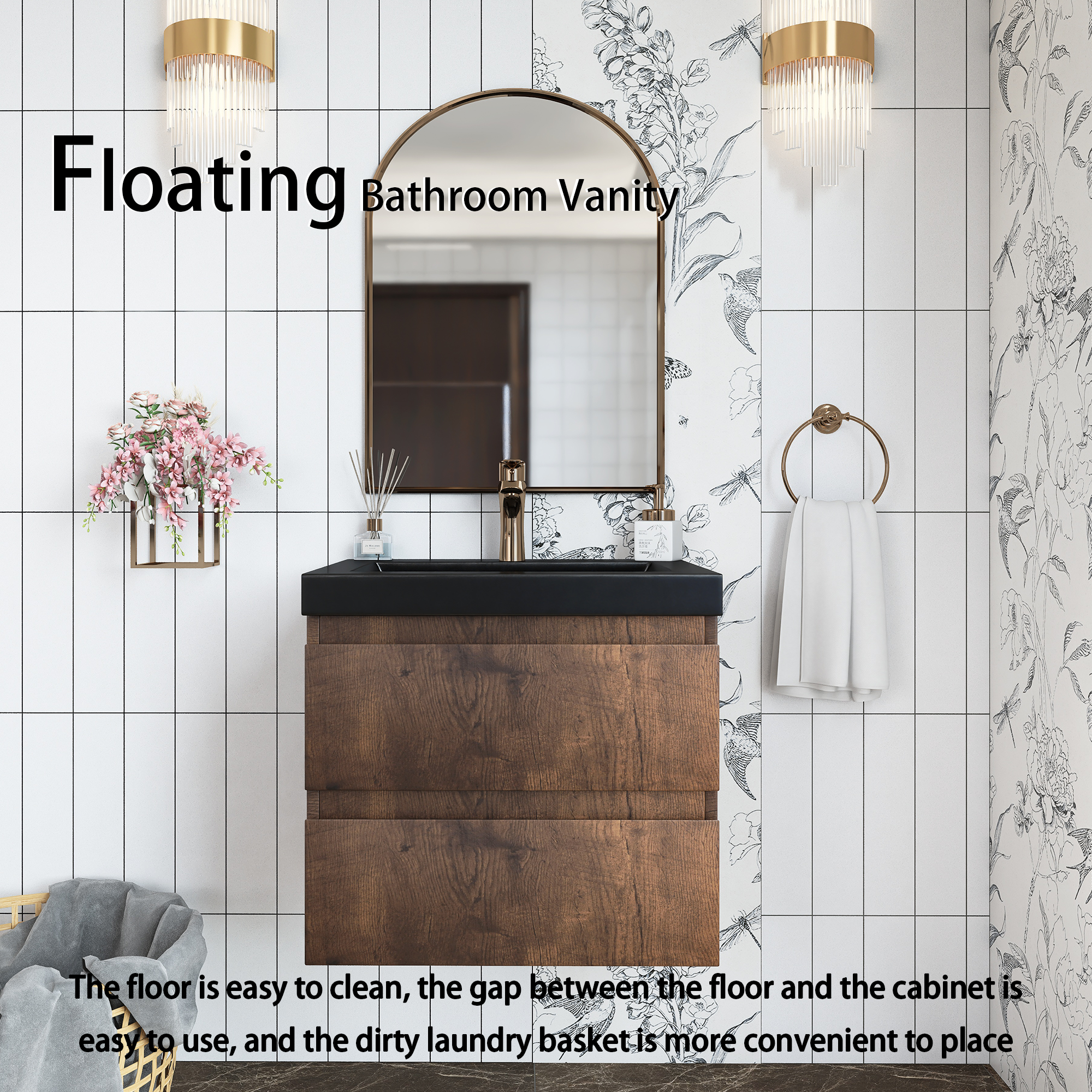 Wall Mounted Bathroom Vanity in Rose Wood with Soft-closing Drawers Black Cultured Marble Sink