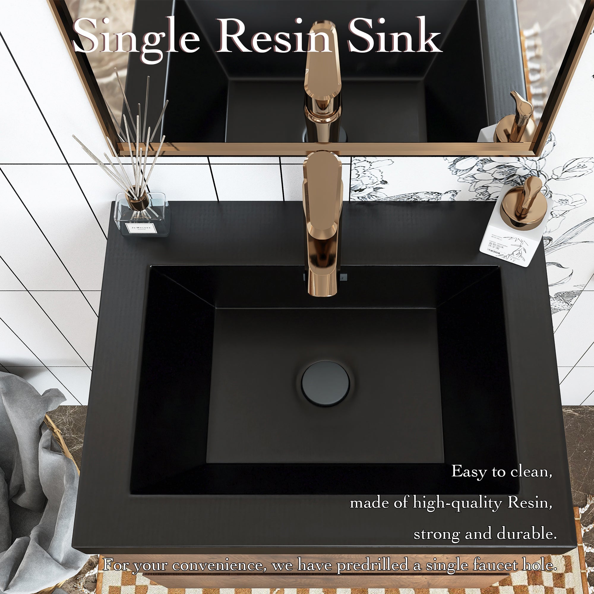 Wall Mounted Bathroom Vanity in Rose Wood with Soft-closing Drawers Black Cultured Marble Sink