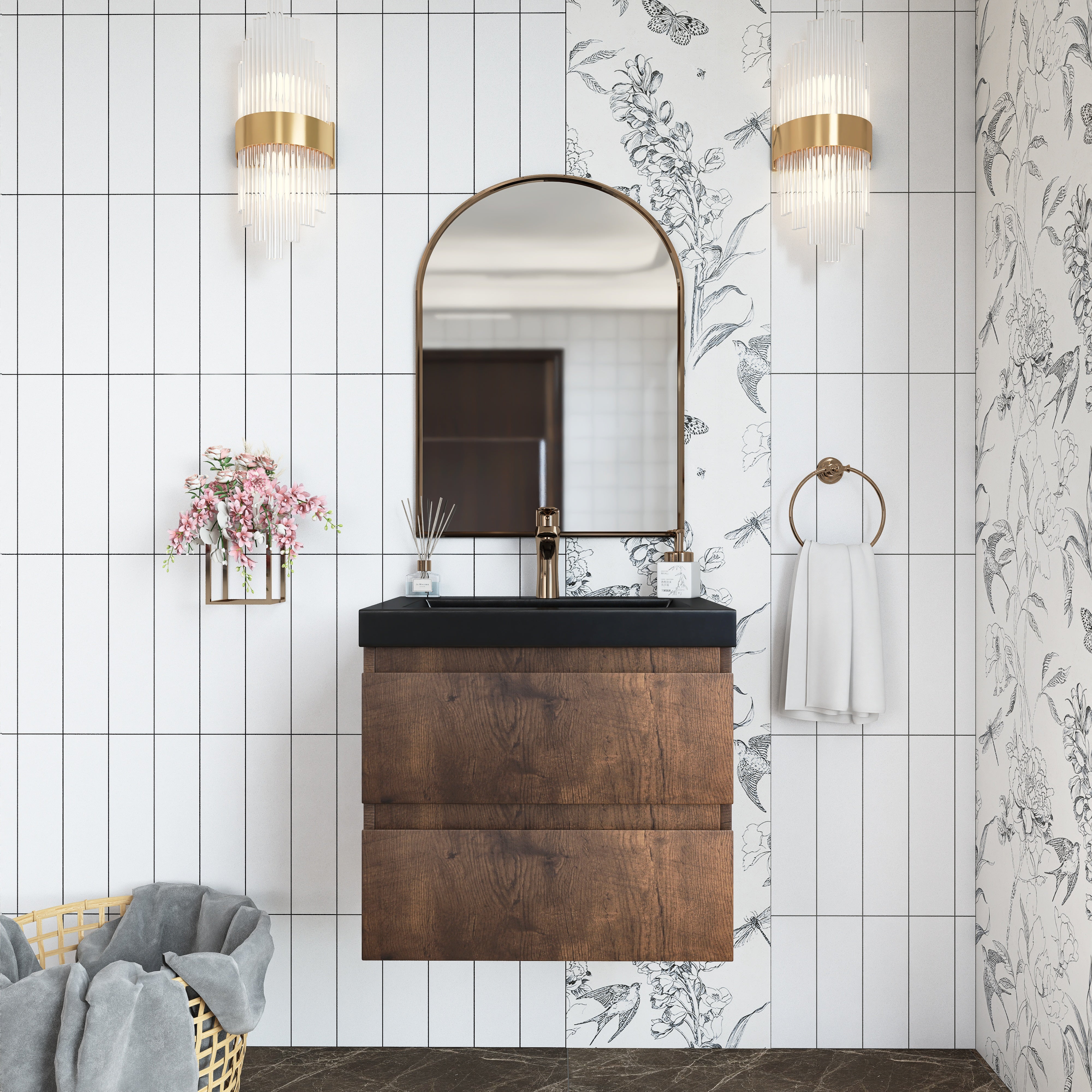 Wall Mounted Bathroom Vanity in Rose Wood with Soft-closing Drawers Black Cultured Marble Sink