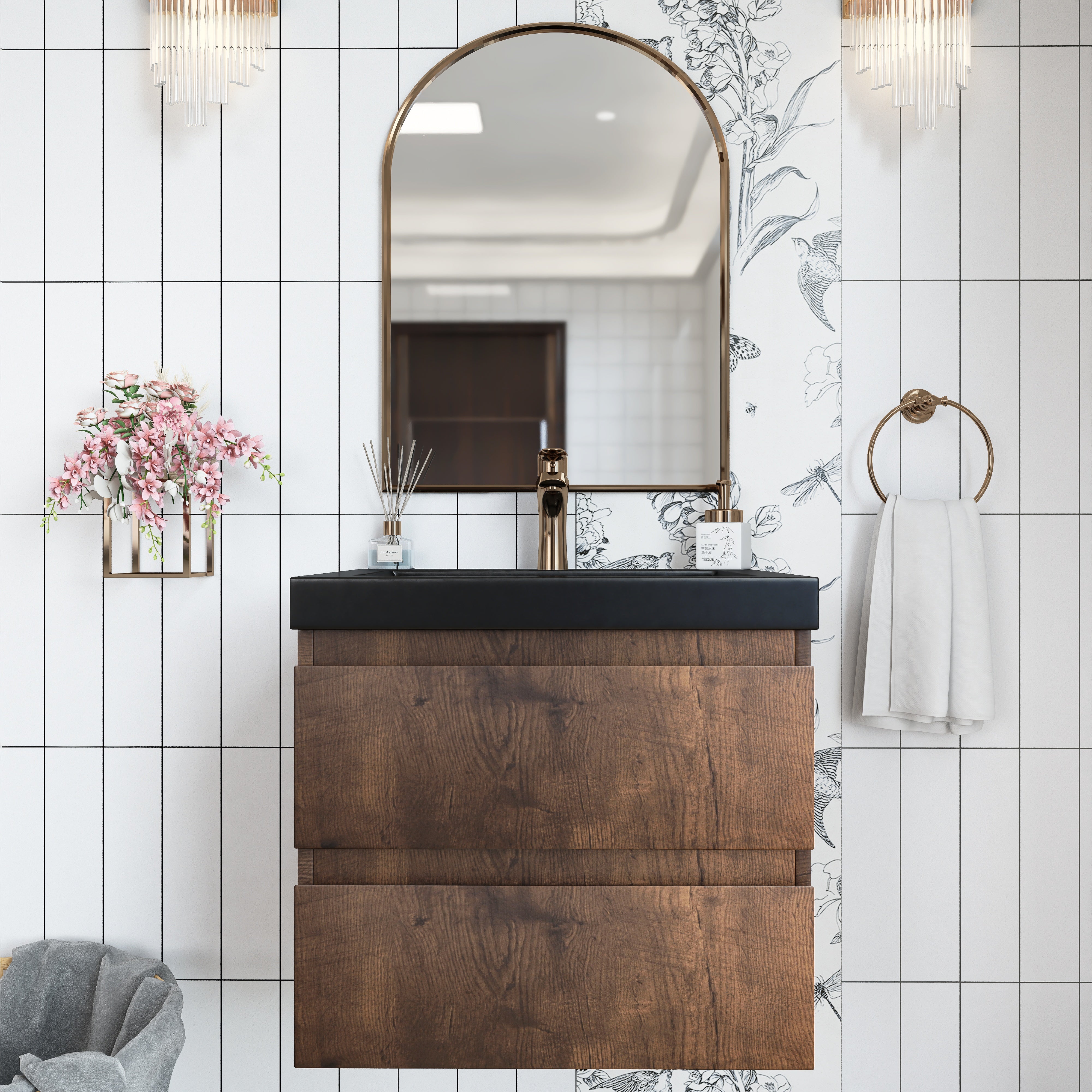 Wall Mounted Bathroom Vanity in Rose Wood with Soft-closing Drawers Black Cultured Marble Sink