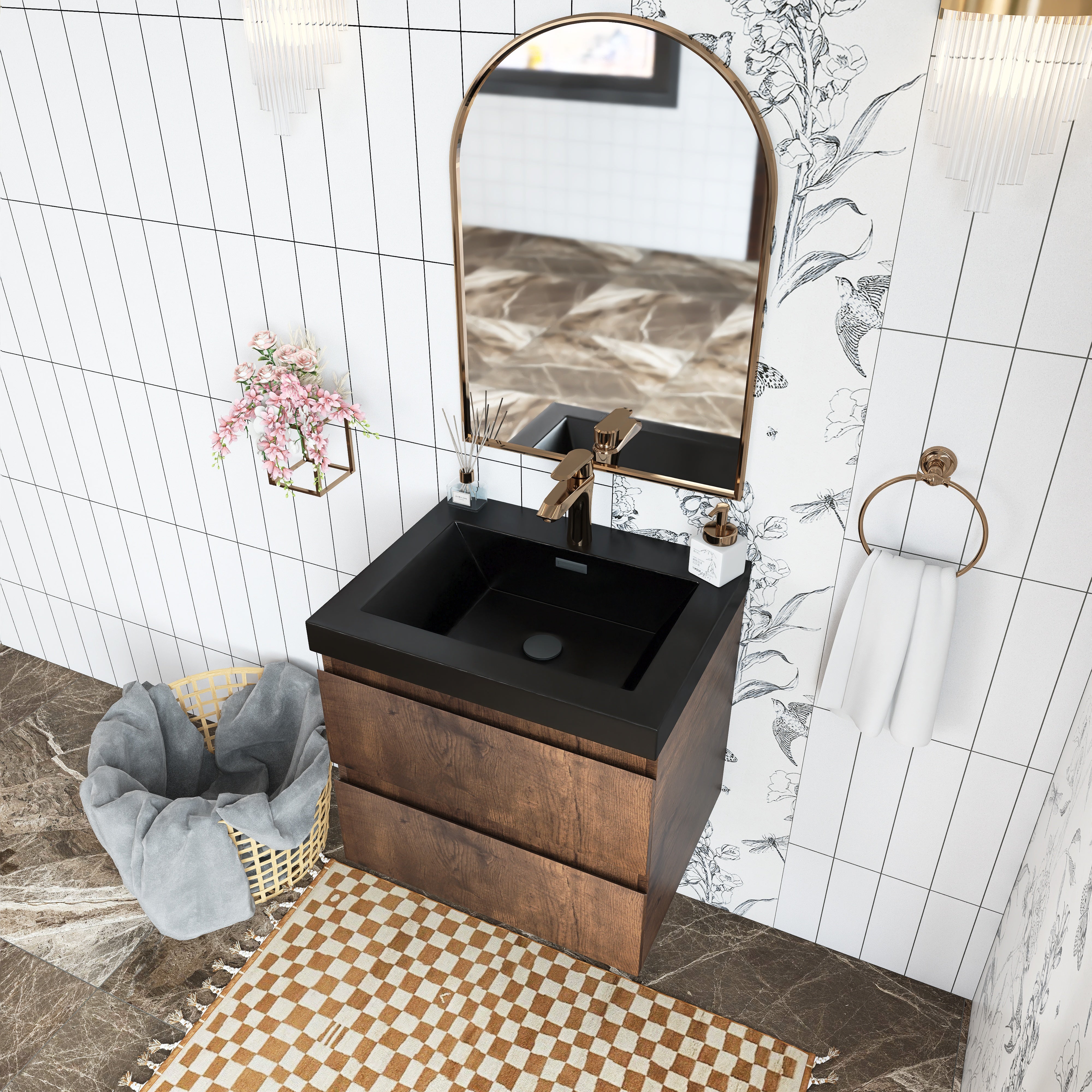 Wall Mounted Bathroom Vanity in Rose Wood with Soft-closing Drawers Black Cultured Marble Sink