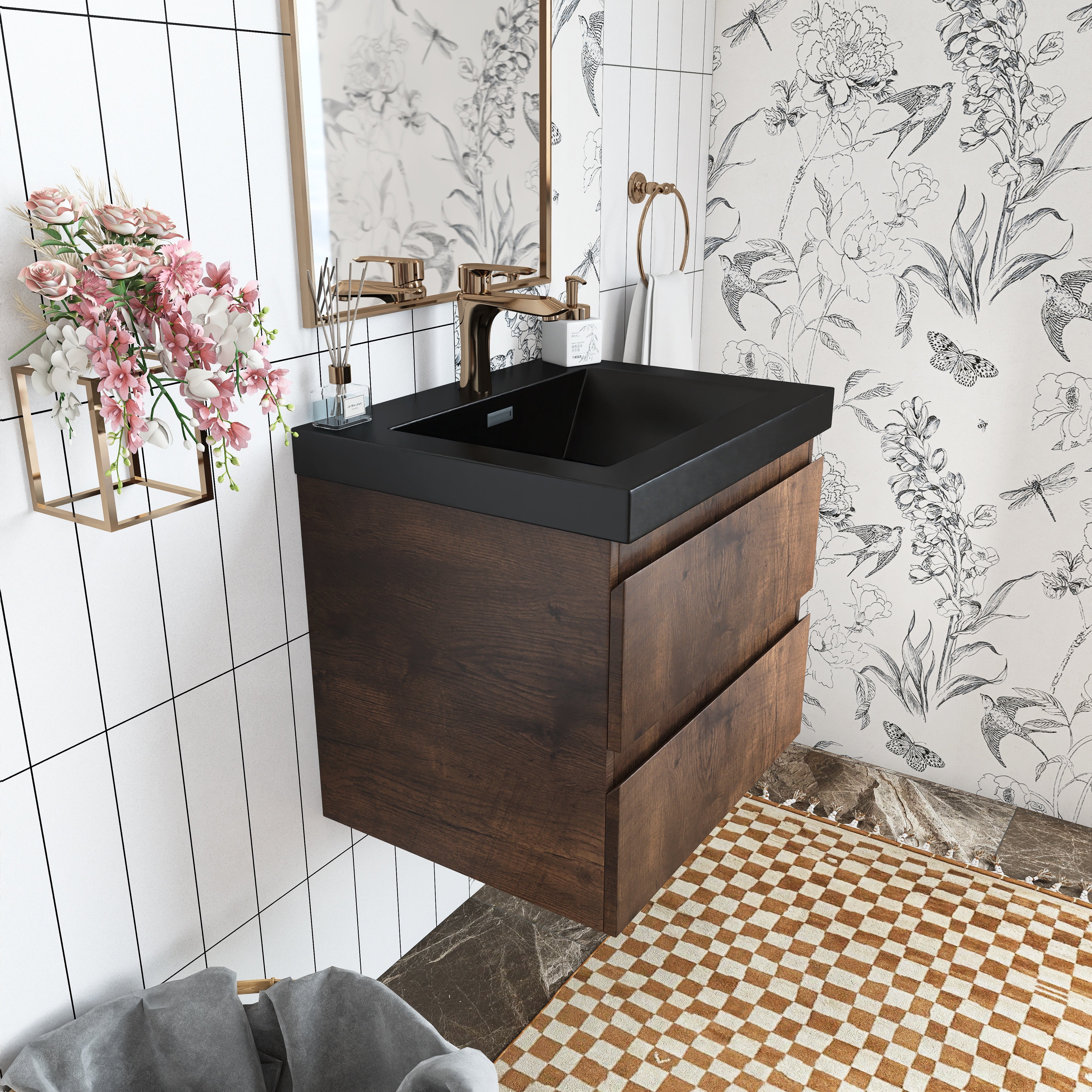 Wall Mounted Bathroom Vanity in Rose Wood with Soft-closing Drawers Black Cultured Marble Sink