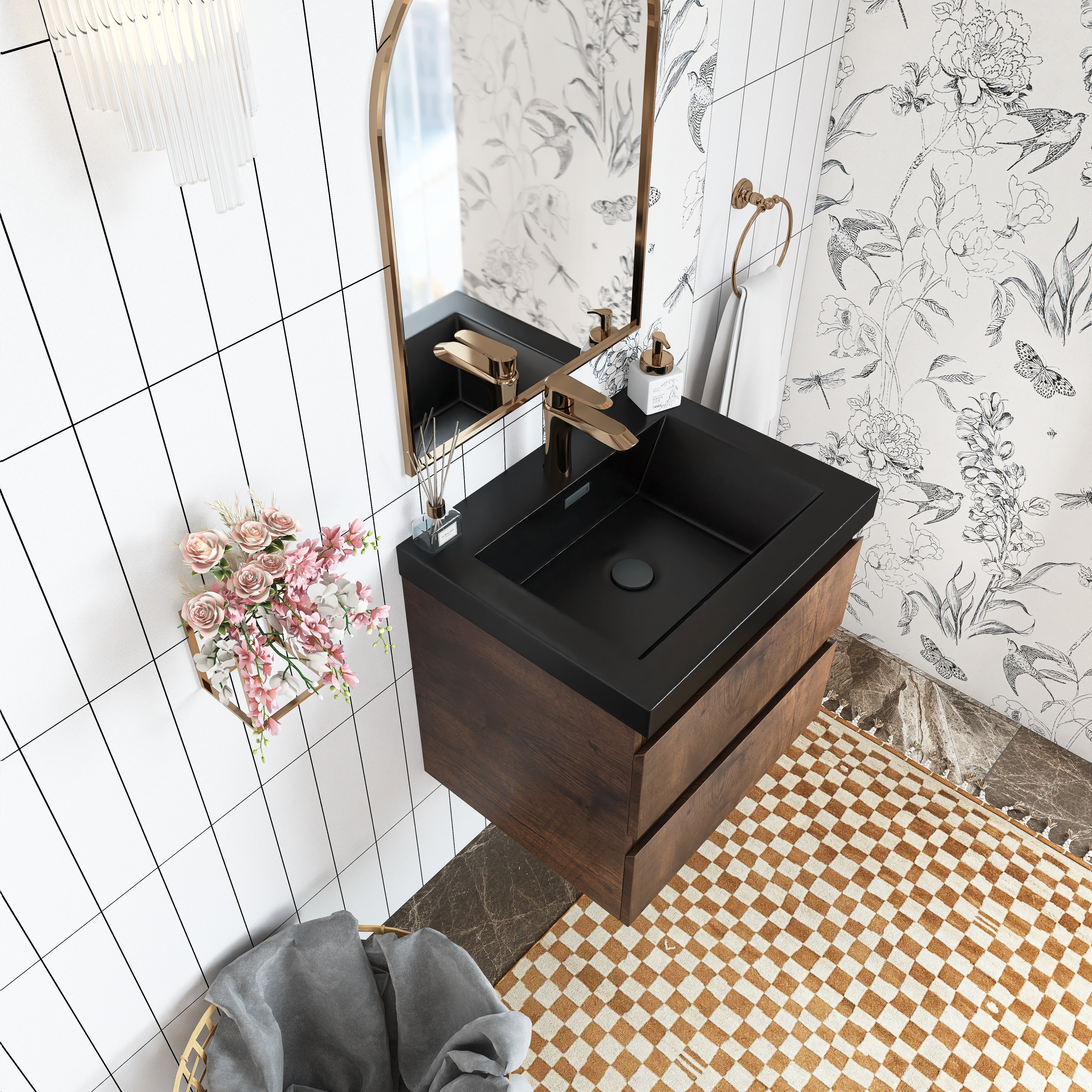 Wall Mounted Bathroom Vanity in Rose Wood with Soft-closing Drawers Black Cultured Marble Sink