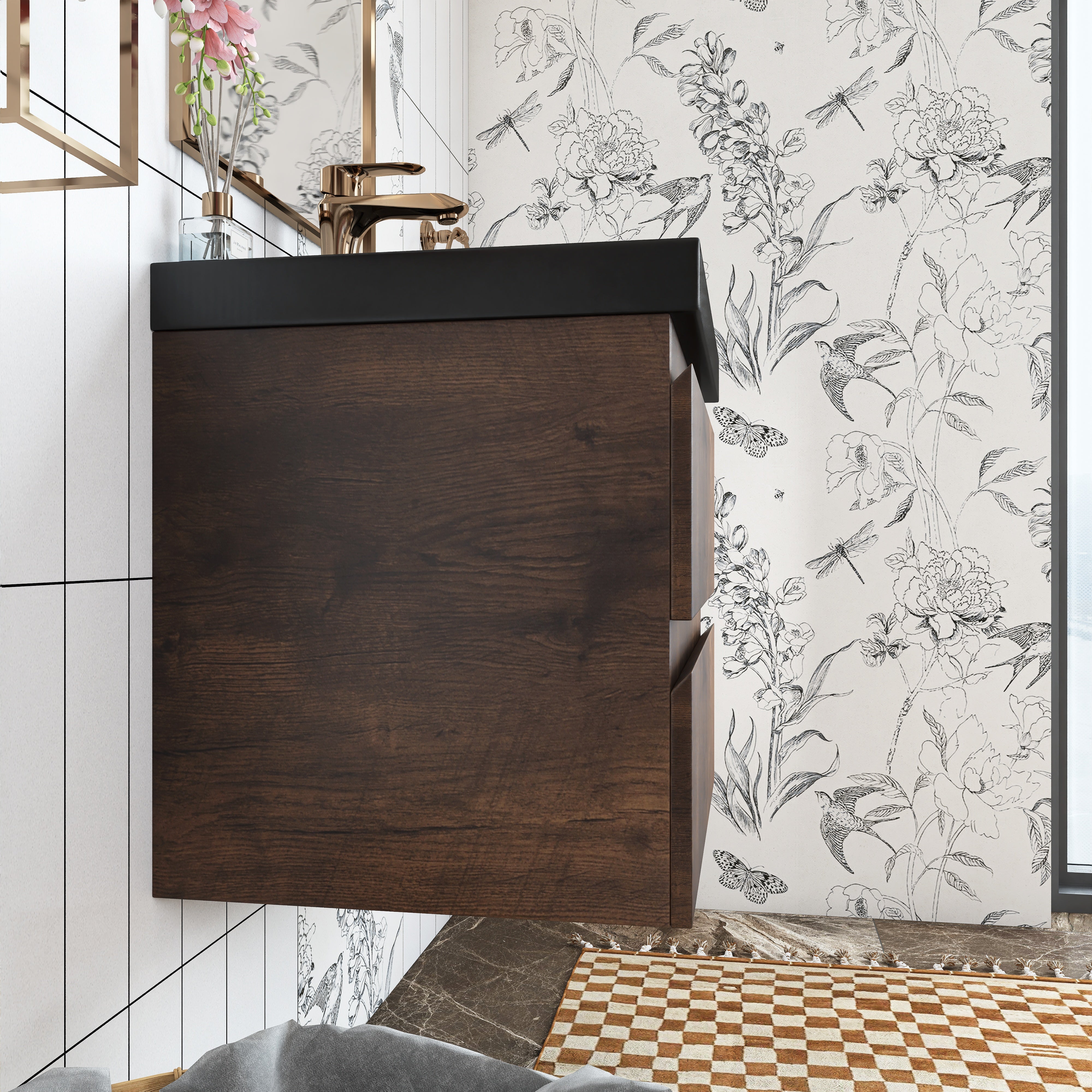Wall Mounted Bathroom Vanity in Rose Wood with Soft-closing Drawers Black Cultured Marble Sink