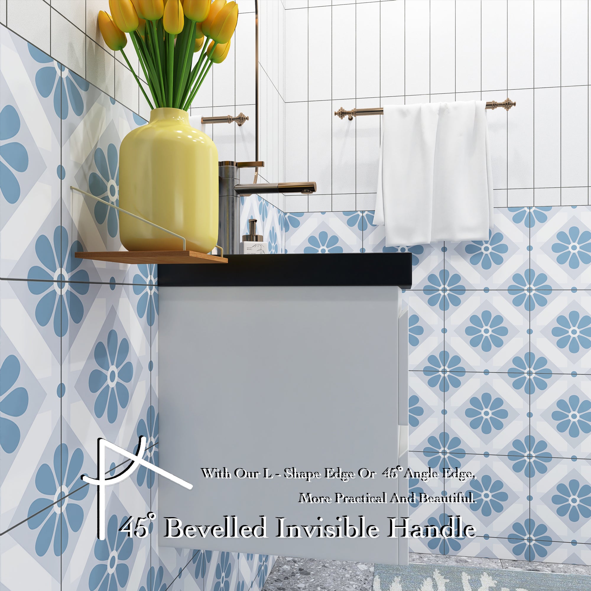 Wall Mounted Bathroom Vanity Set in White with Integrated Black Resin Sink with Drain