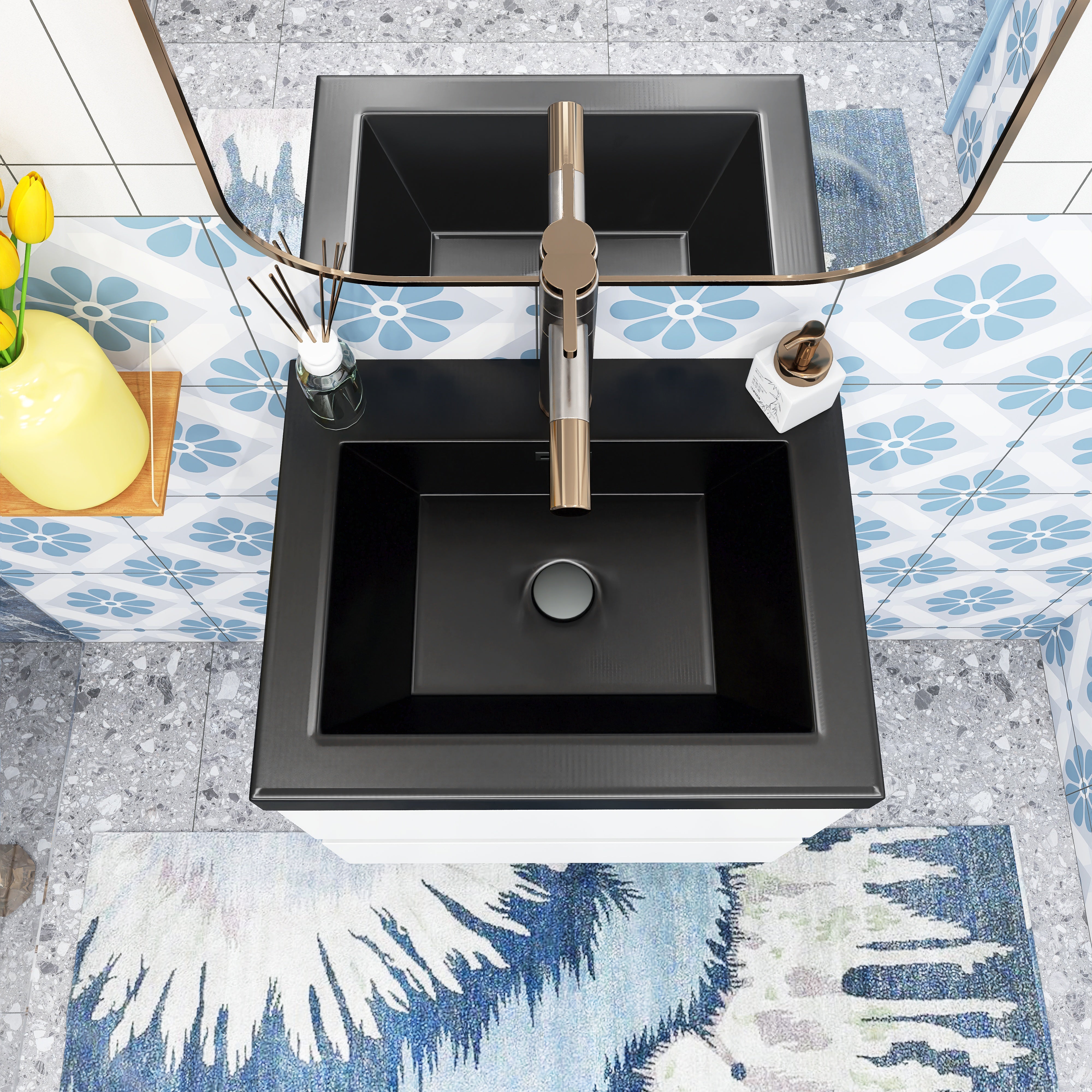 Wall Mounted Bathroom Vanity Set in White with Integrated Black Resin Sink with Drain