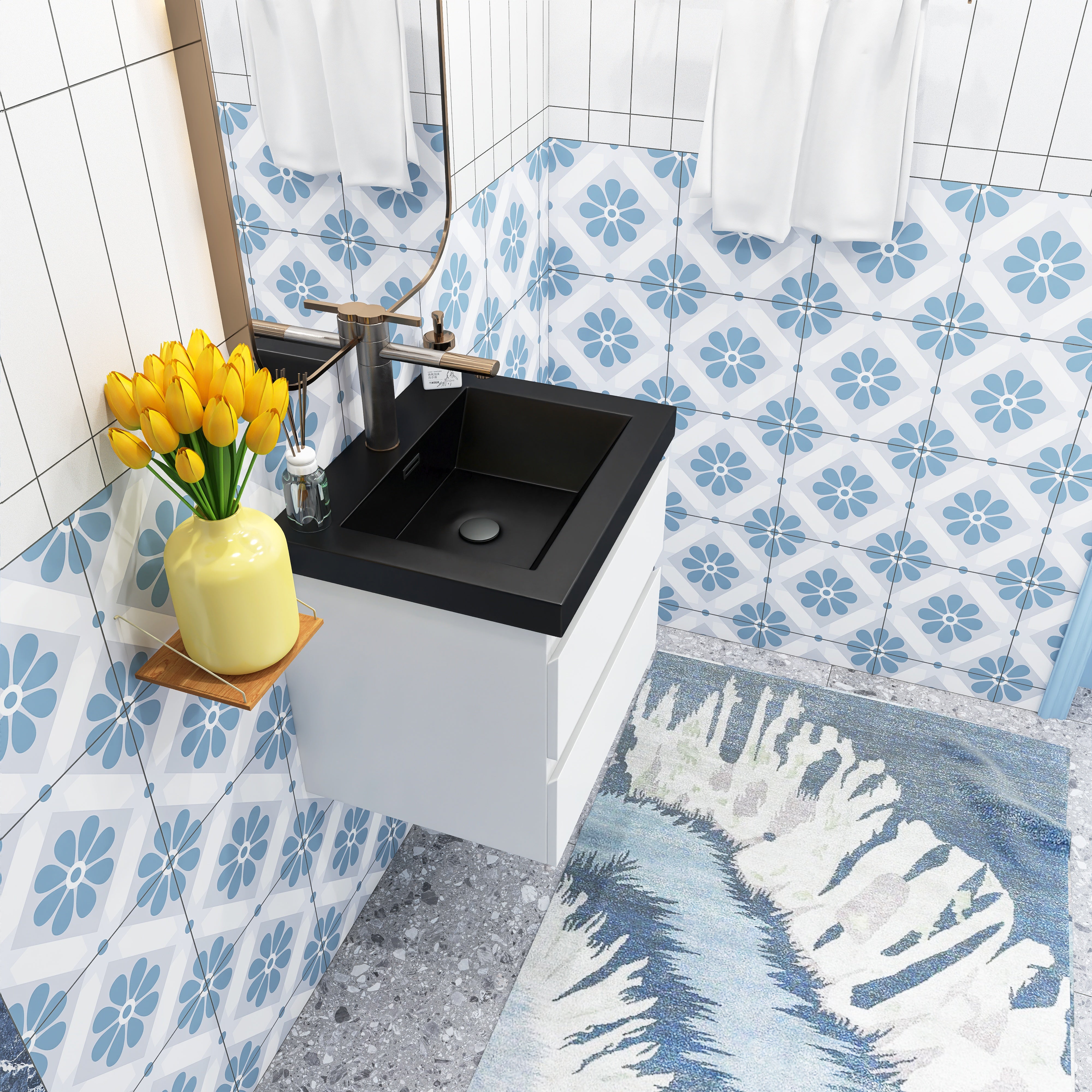 Wall Mounted Bathroom Vanity Set in White with Integrated Black Resin Sink with Drain