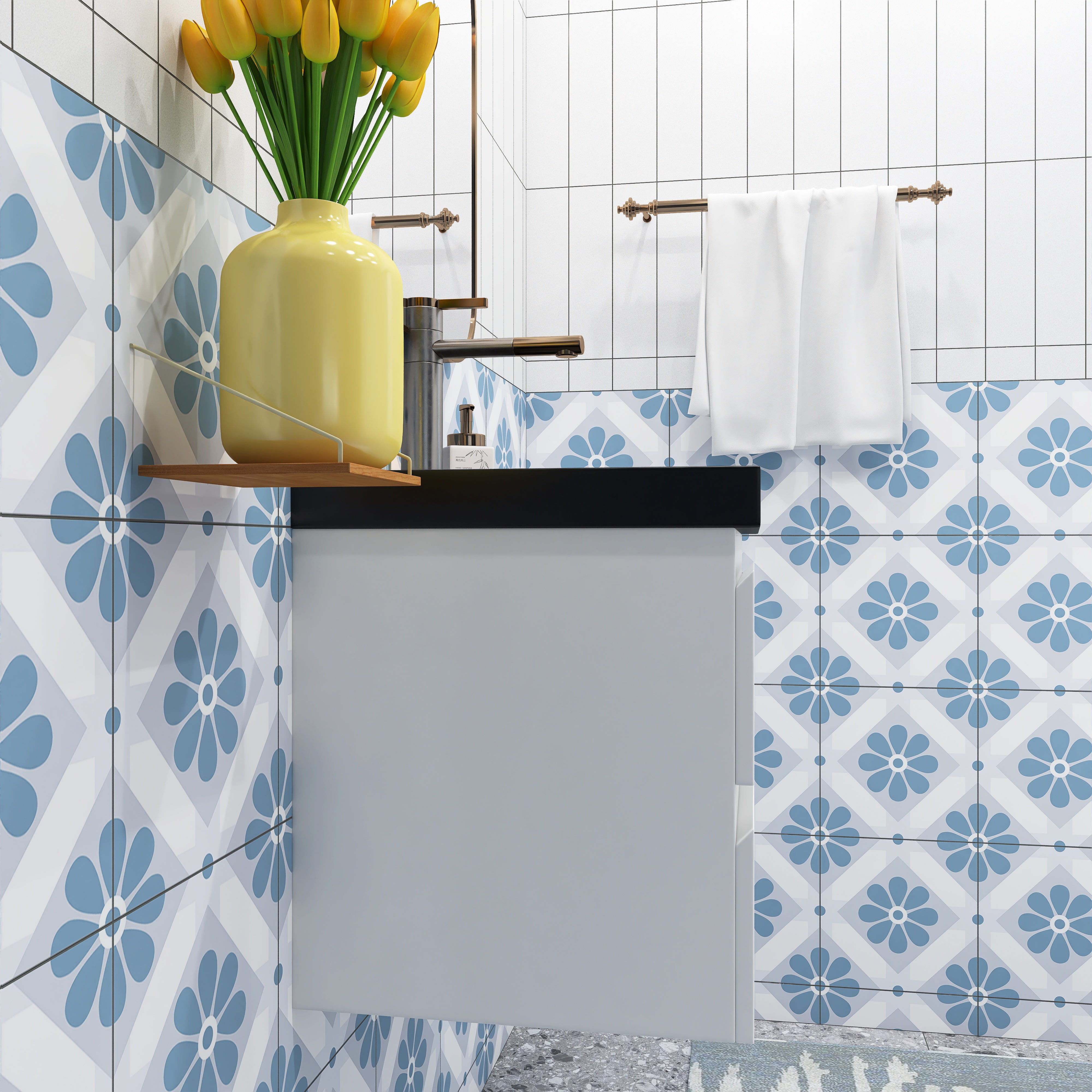 Wall Mounted Bathroom Vanity Set in White with Integrated Black Resin Sink with Drain