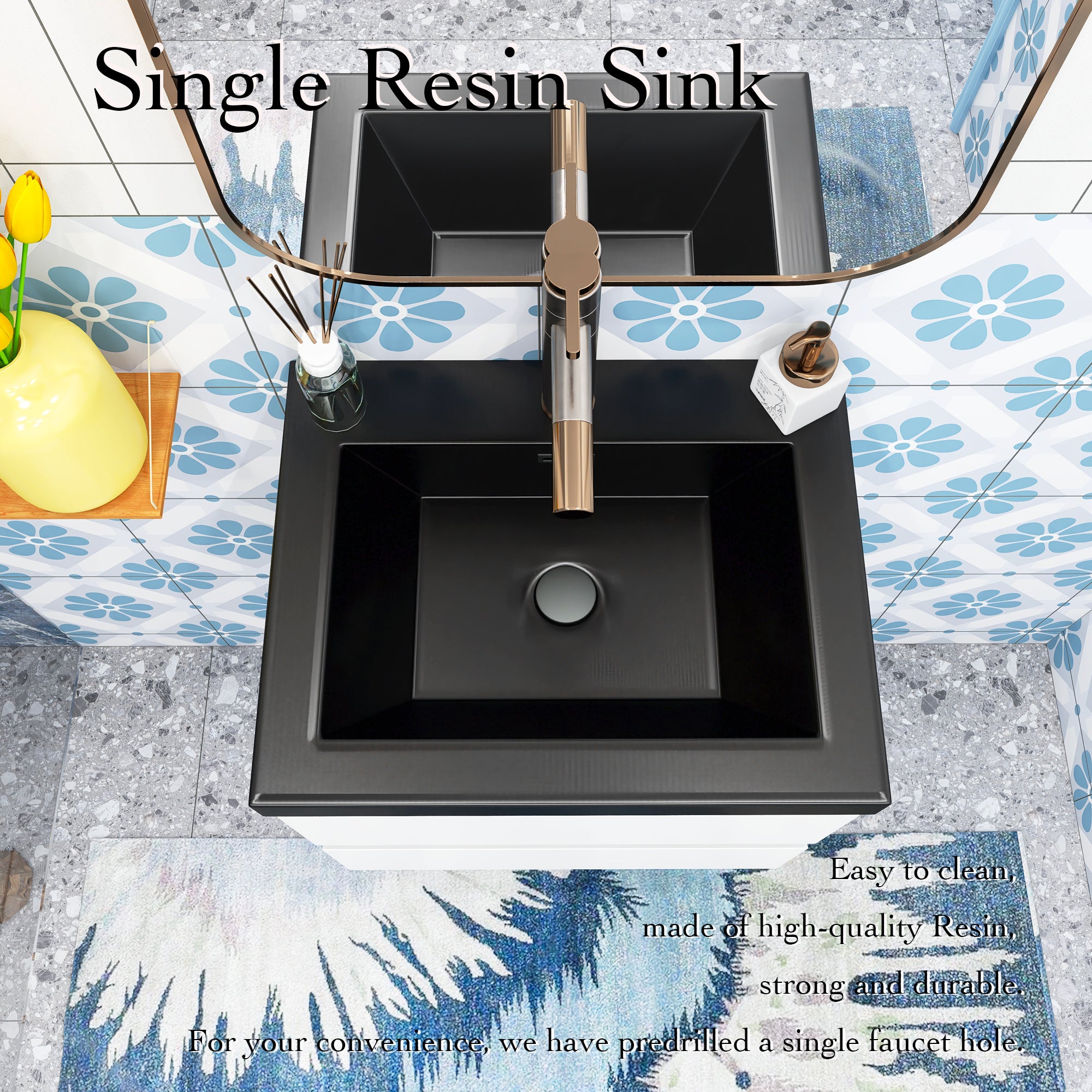 Wall Mounted Bathroom Vanity Set in White with Integrated Black Resin Sink with Drain