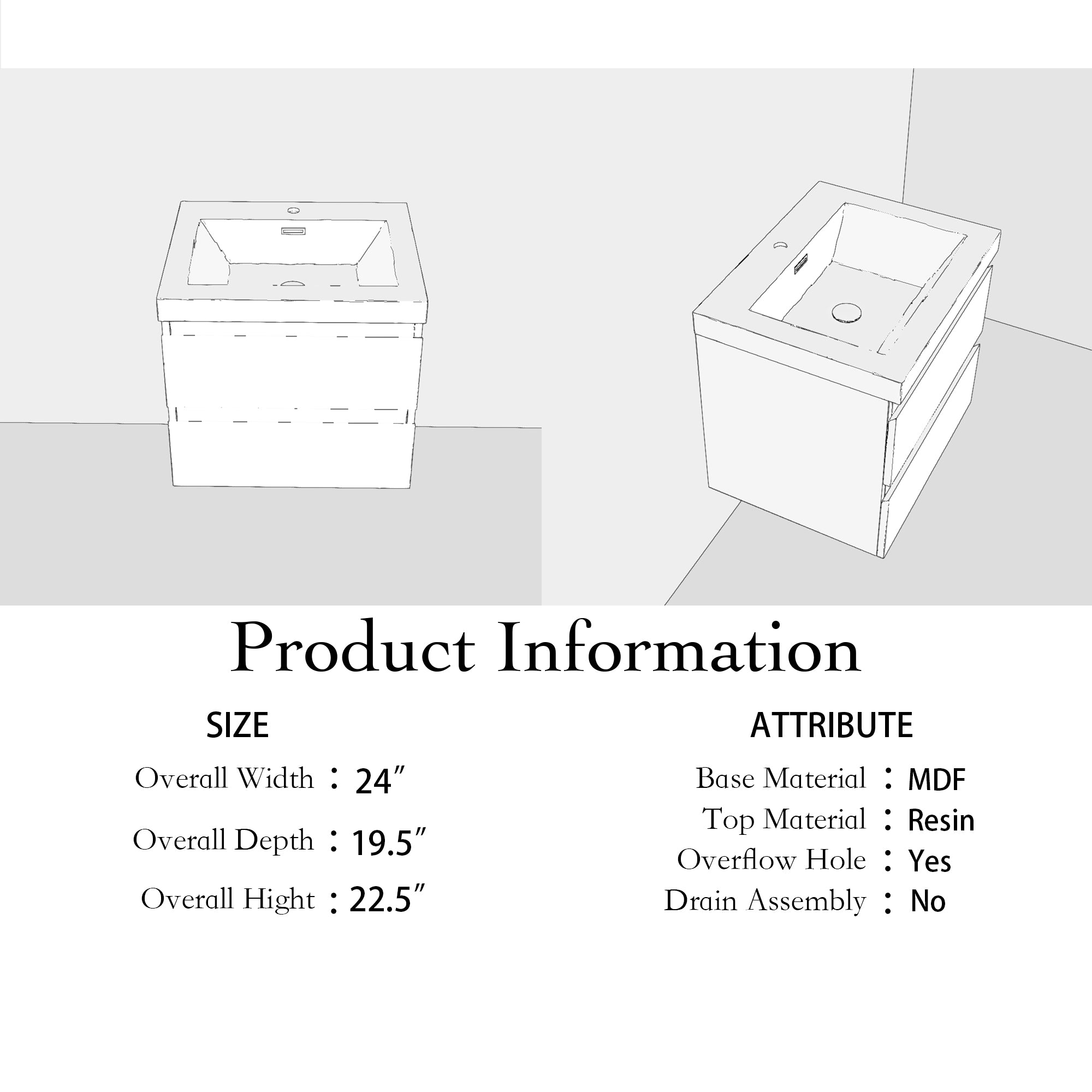 Wall Mounted Bathroom Vanity Set in White with Integrated Black Resin Sink with Drain