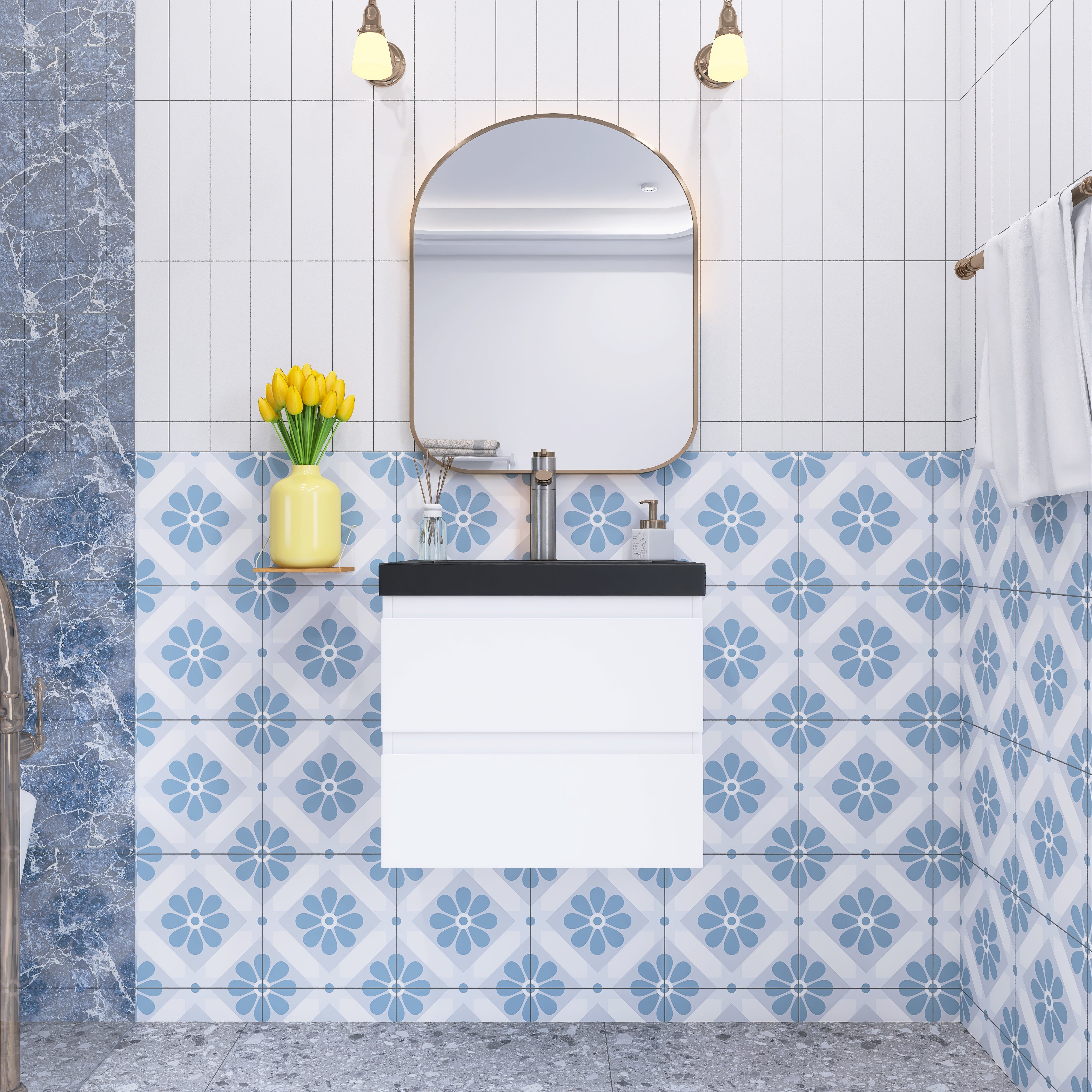 Wall Mounted Bathroom Vanity Set in White with Integrated Black Resin Sink with Drain