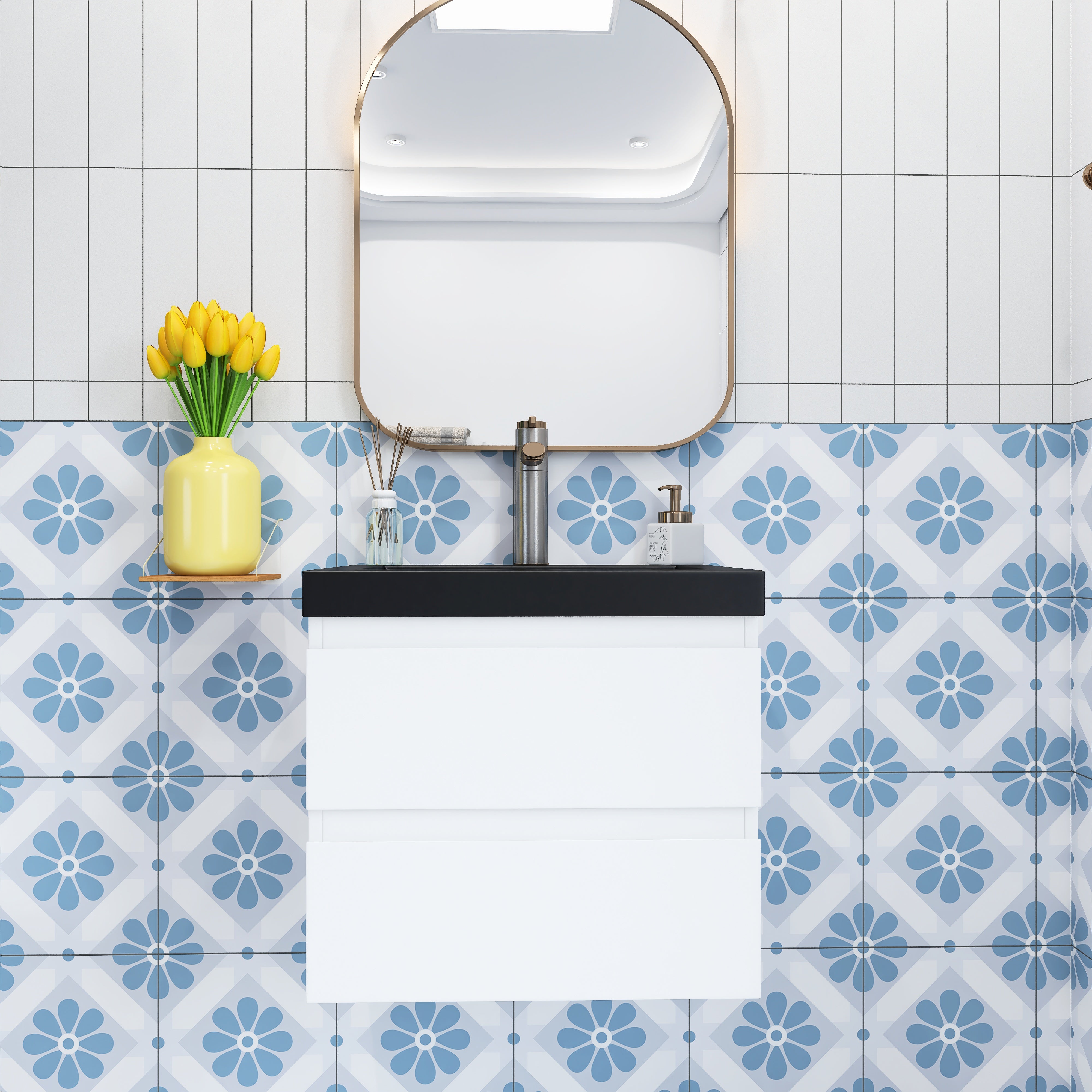 Wall Mounted Bathroom Vanity Set in White with Integrated Black Resin Sink with Drain