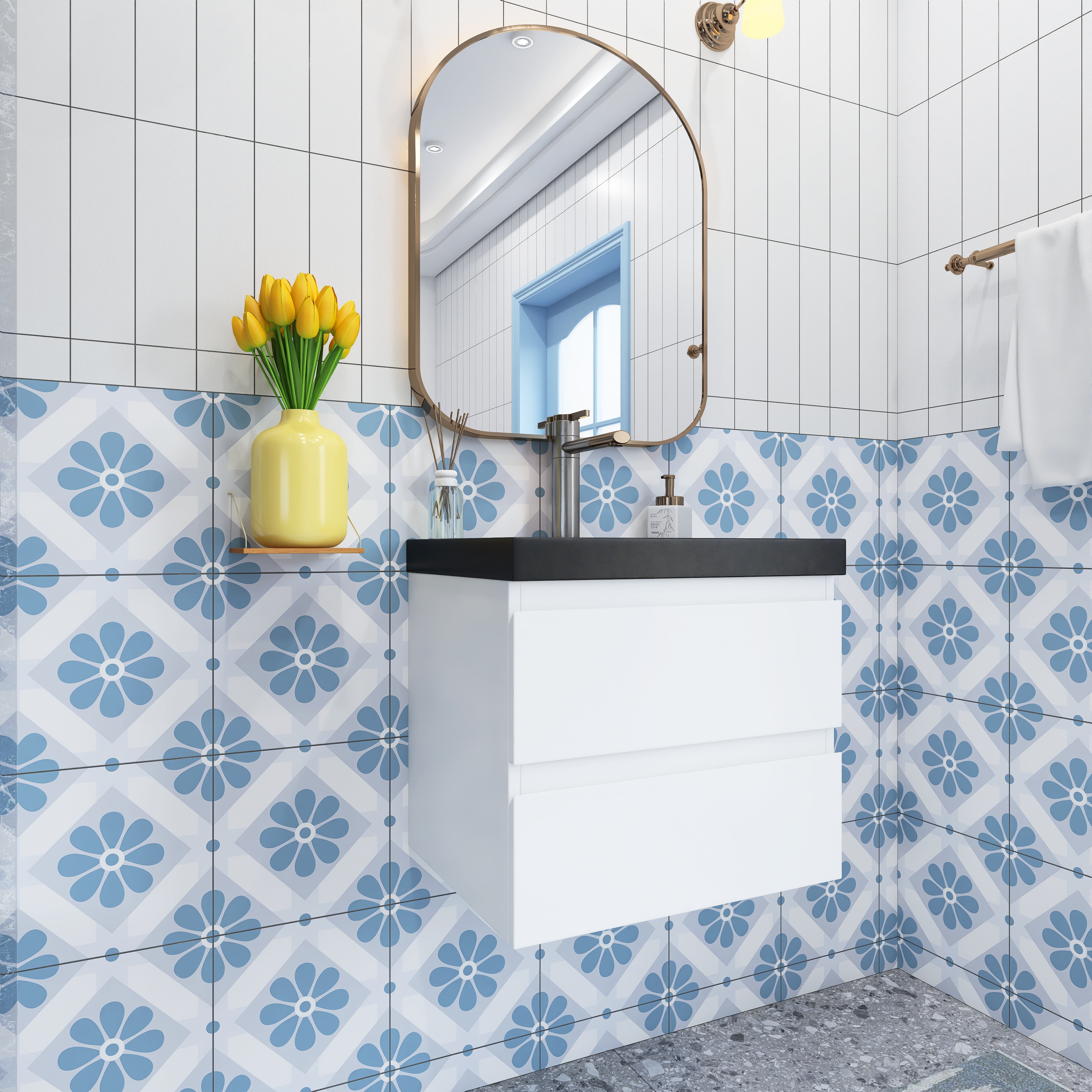 Wall Mounted Bathroom Vanity Set in White with Integrated Black Resin Sink with Drain