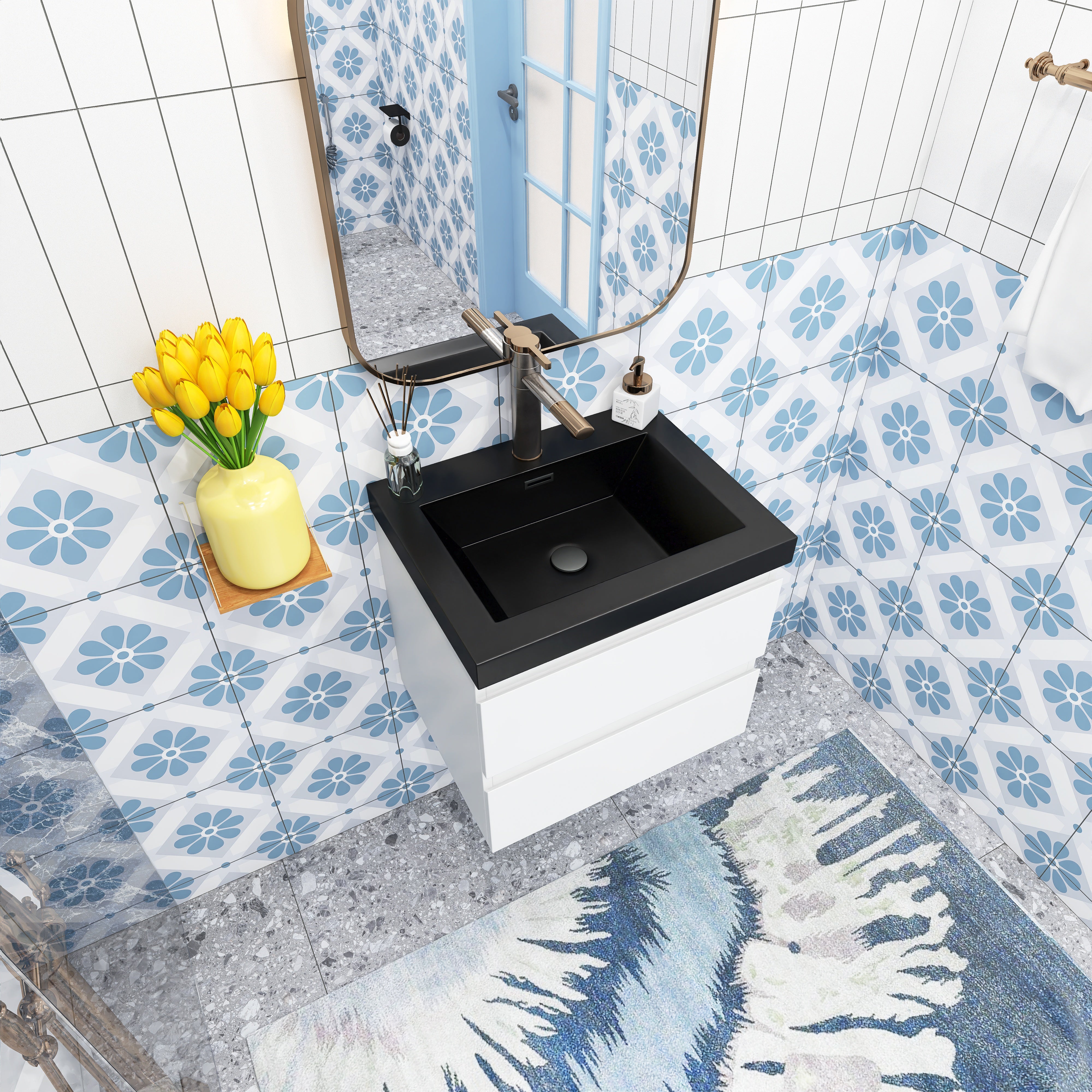 Wall Mounted Bathroom Vanity Set in White with Integrated Black Resin Sink with Drain