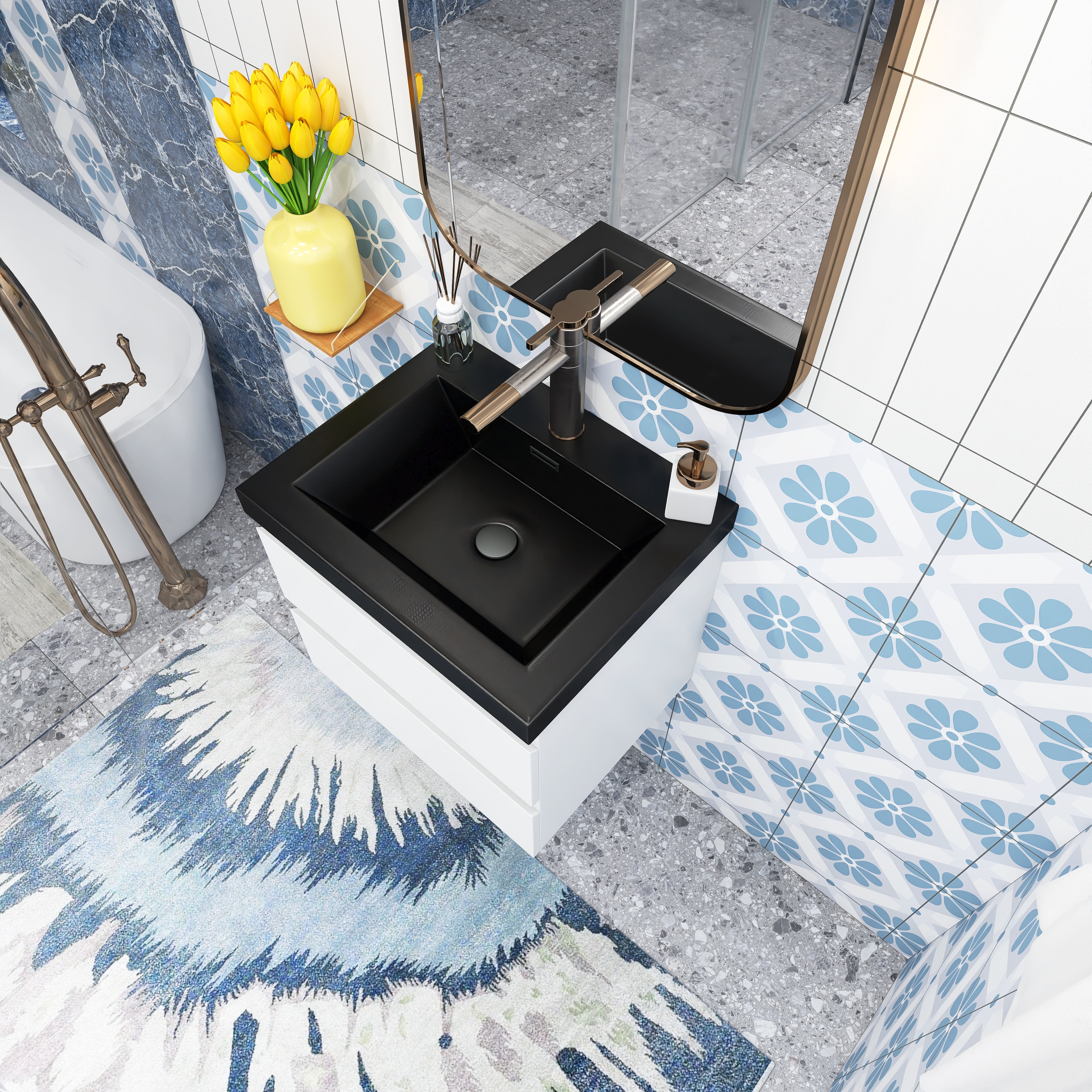 Wall Mounted Bathroom Vanity Set in White with Integrated Black Resin Sink with Drain