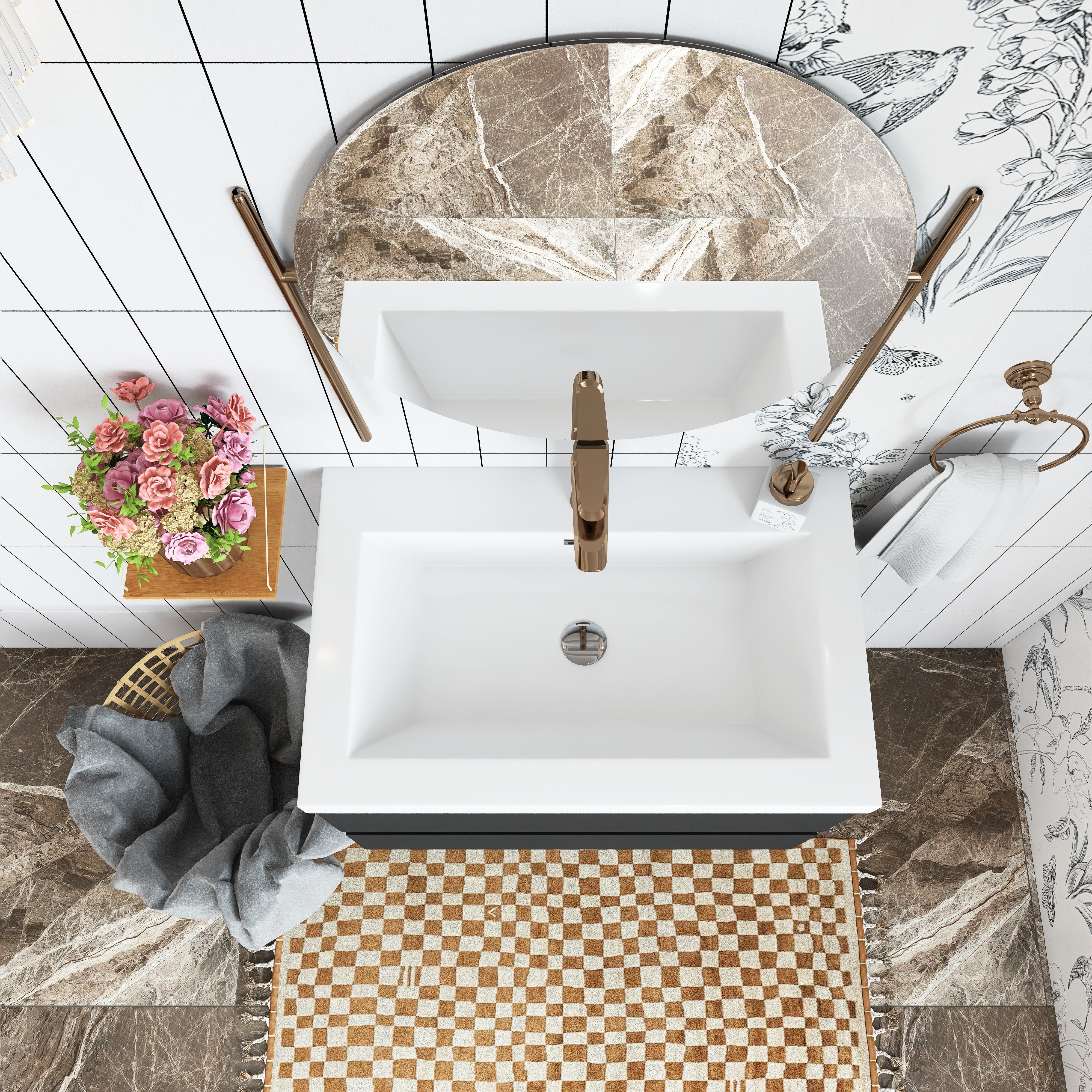 Wall Mounted Bathroom Vanity in Black with Cultured Marble Sink