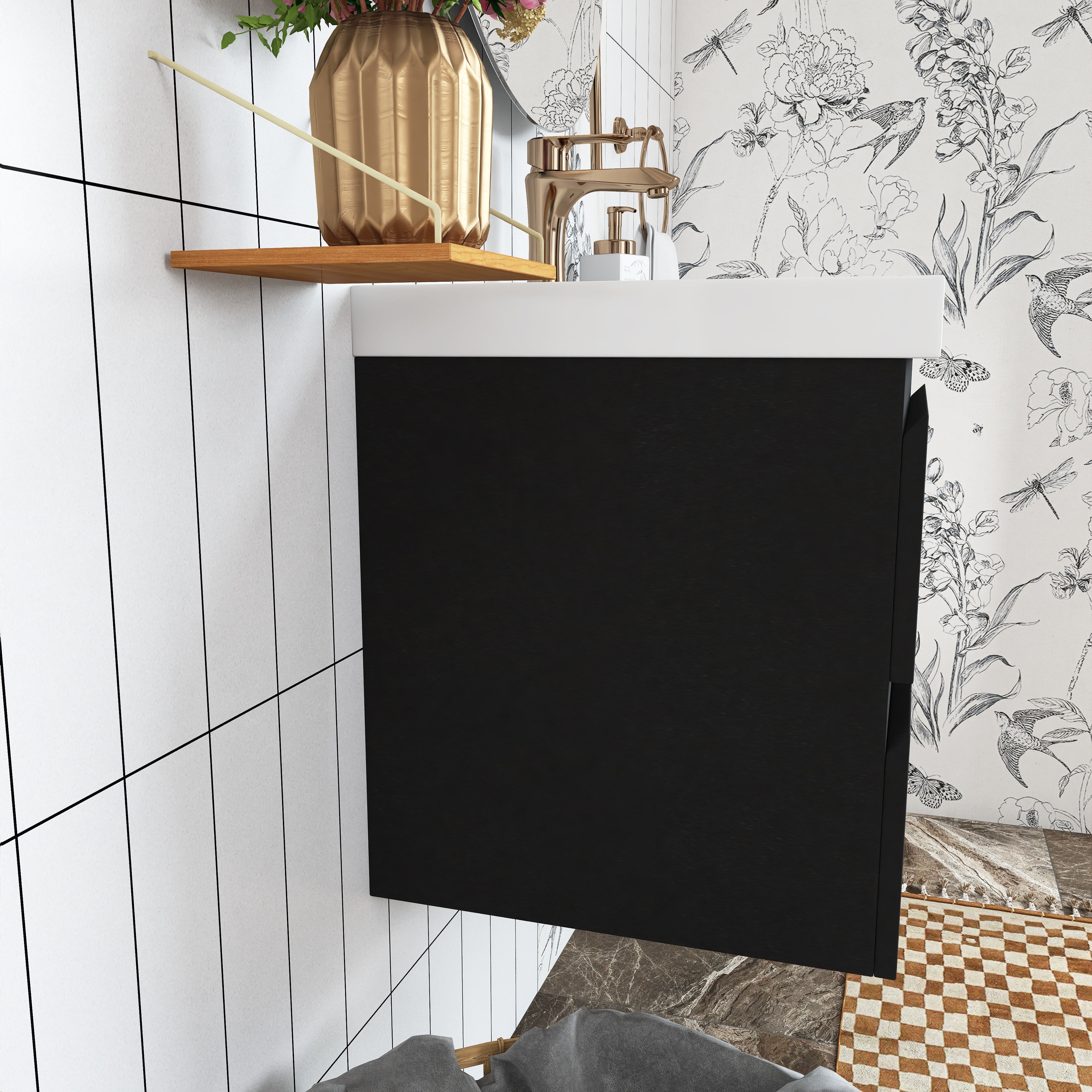 Wall Mounted Bathroom Vanity in Black with Cultured Marble Sink