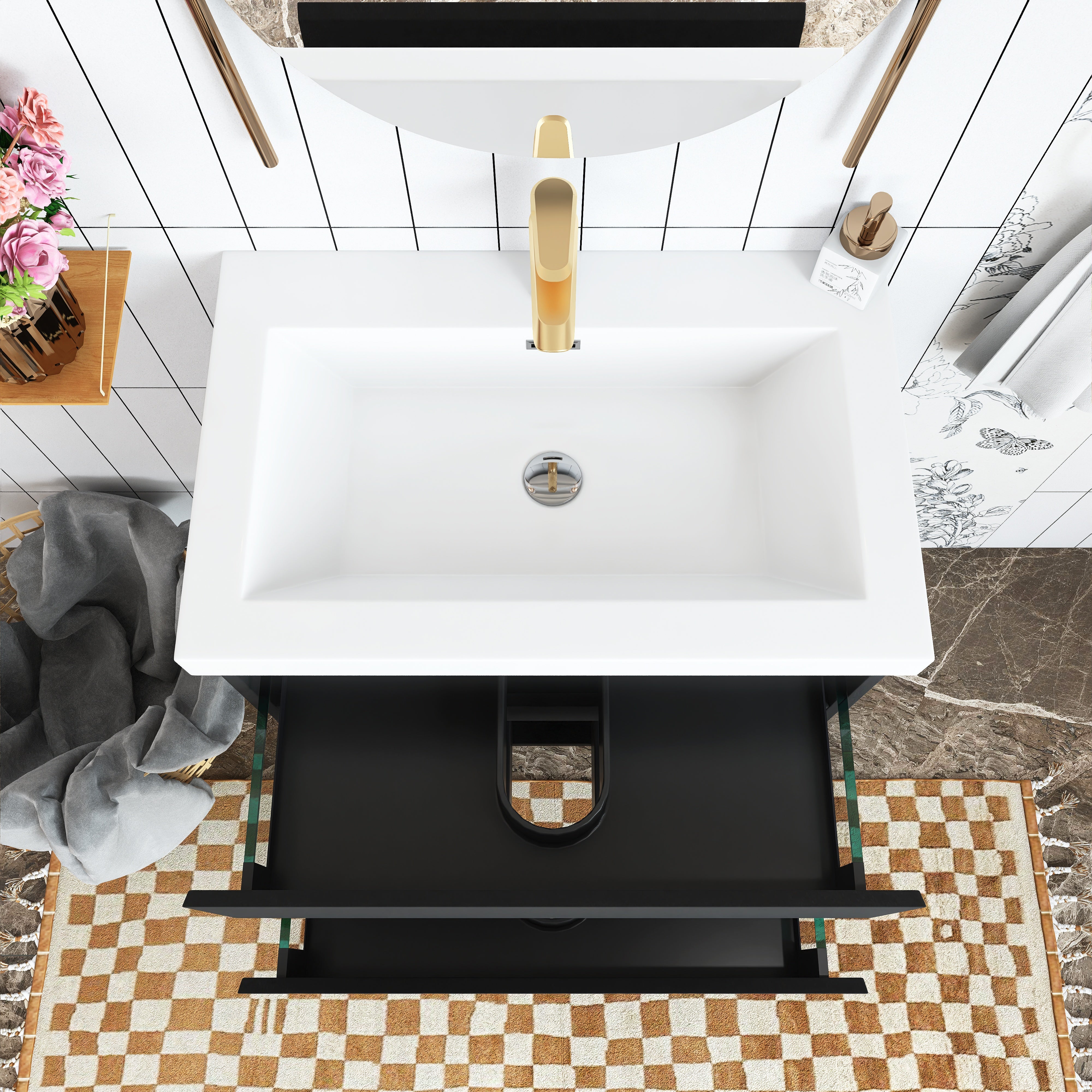 Wall Mounted Bathroom Vanity in Black with Cultured Marble Sink